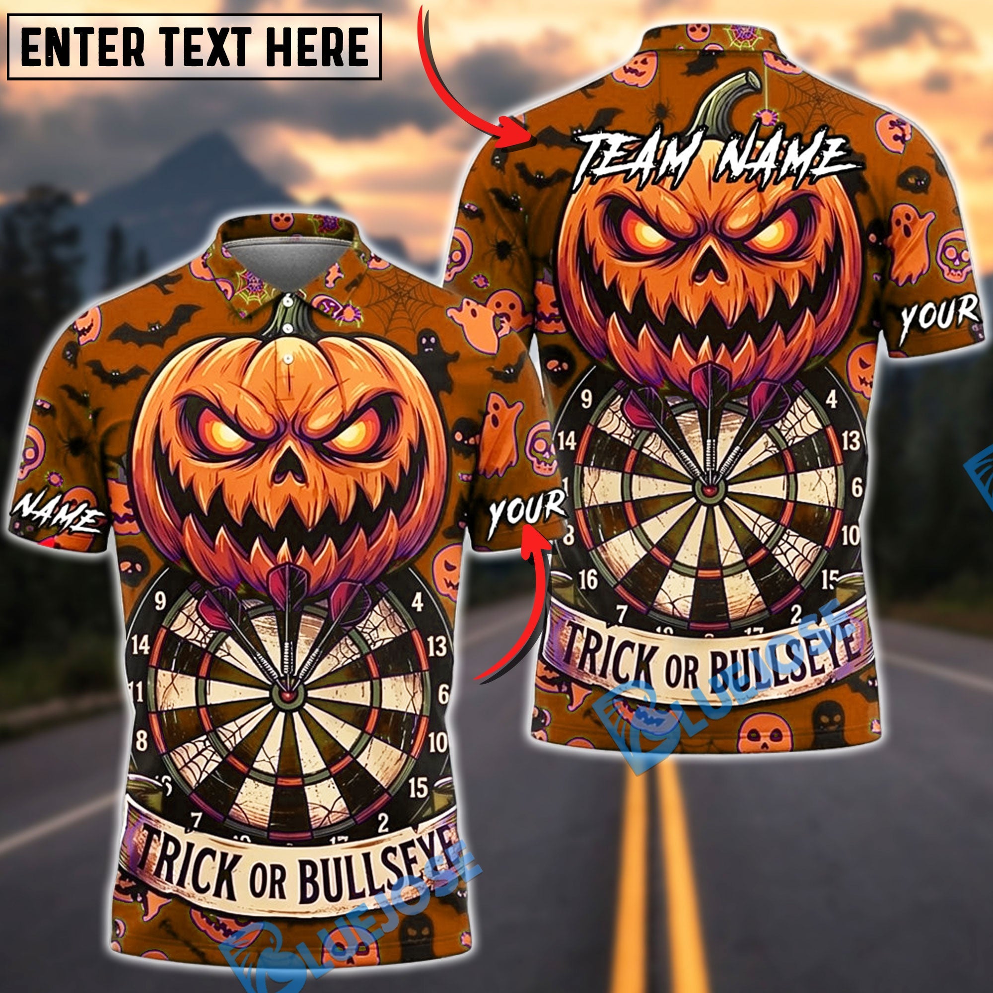 BlueJose Darts Halloween Evil Jack O Lantern Bats Trick Or Bullseye Personalized Name, Team Name Unisex Shirt (6 Colors)