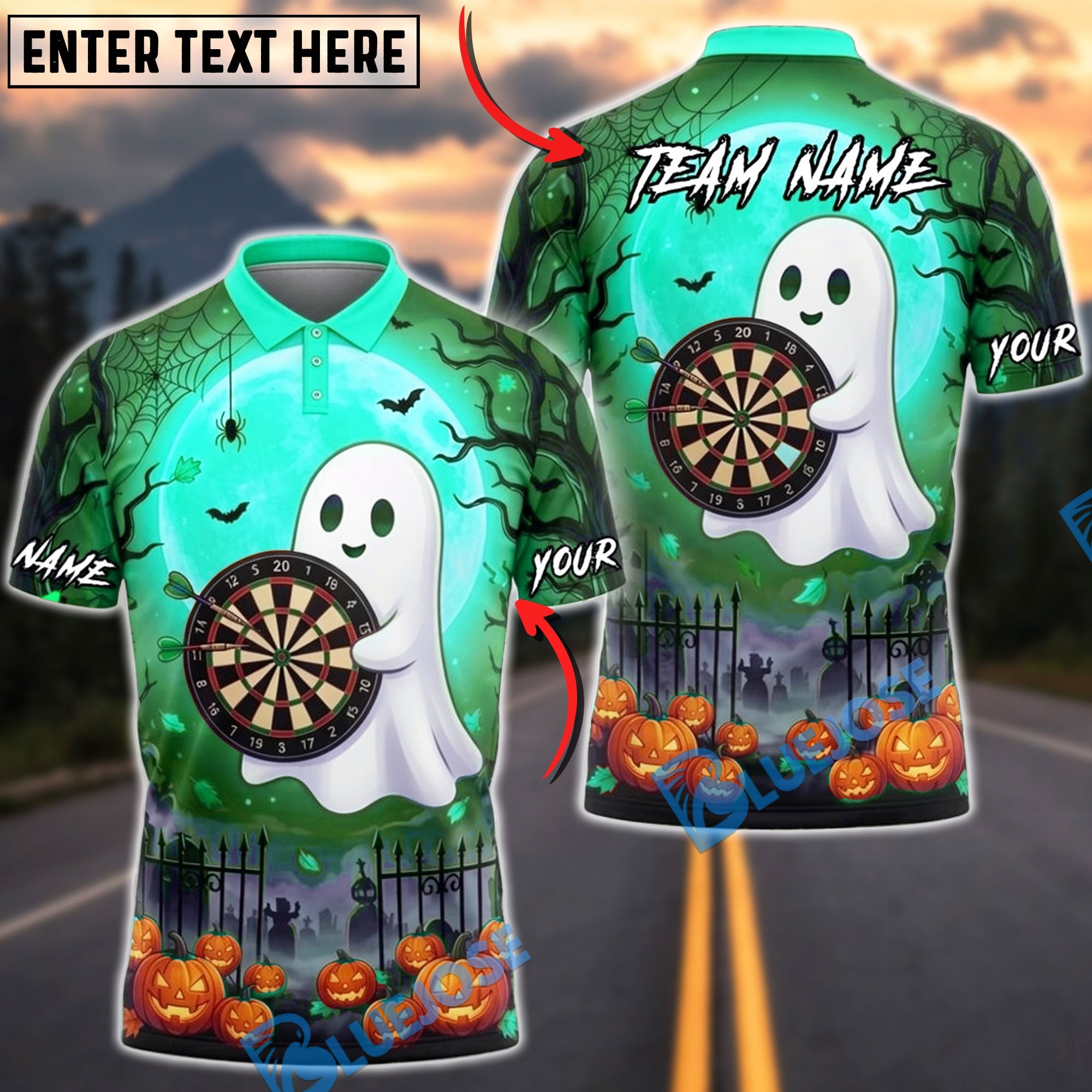 BlueJose Darts Halloween Cute Ghost Full Moon Personalized Name, Team Name Unisex Shirt (4 Colors)