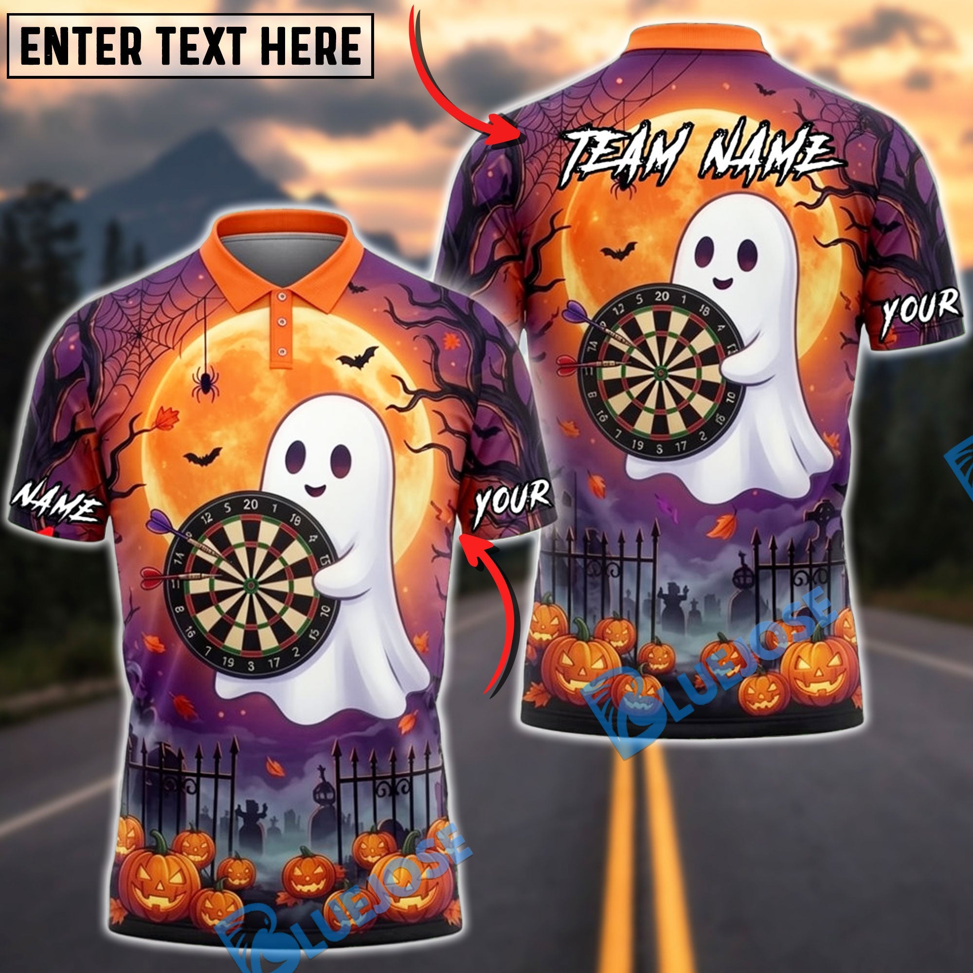BlueJose Darts Halloween Cute Ghost Full Moon Personalized Name, Team Name Unisex Shirt (4 Colors)