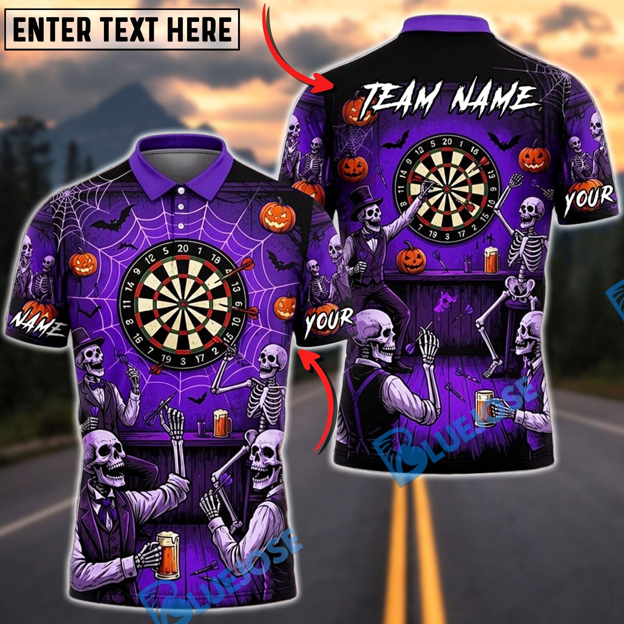 BlueJose Darts Halloween Skeleton Pub Party Personalized Name, Team Name Unisex Shirt (4 Colors)