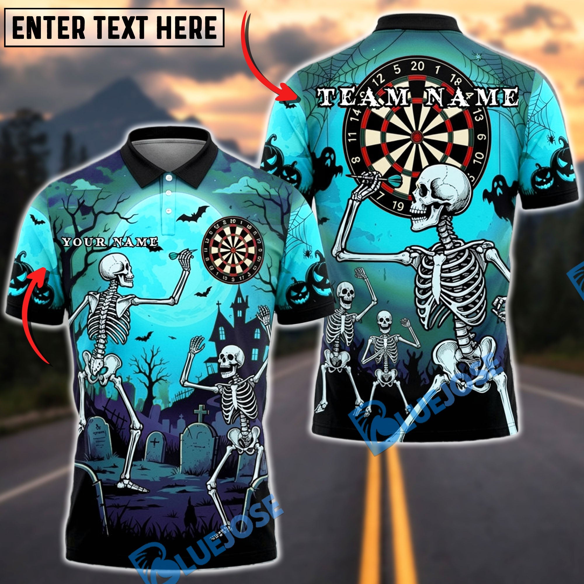 BlueJose Darts Halloween Skeleton Haunted Graveyard Full Moon Personalized Name, Team Name Unisex Shirt (4 Colors)