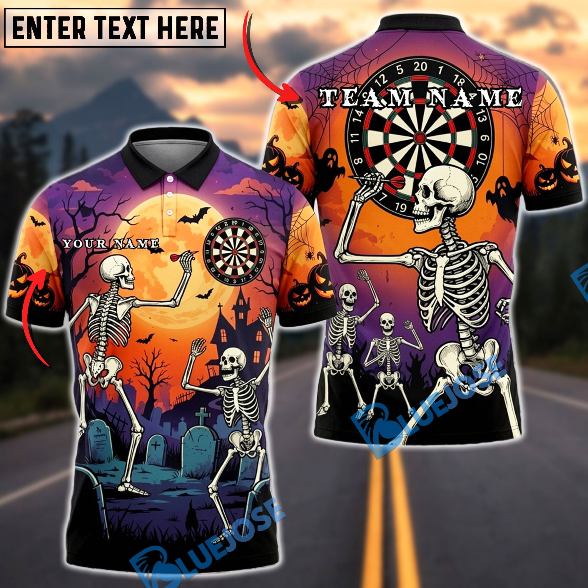BlueJose Darts Halloween Skeleton Haunted Graveyard Full Moon Personalized Name, Team Name Unisex Shirt (4 Colors)