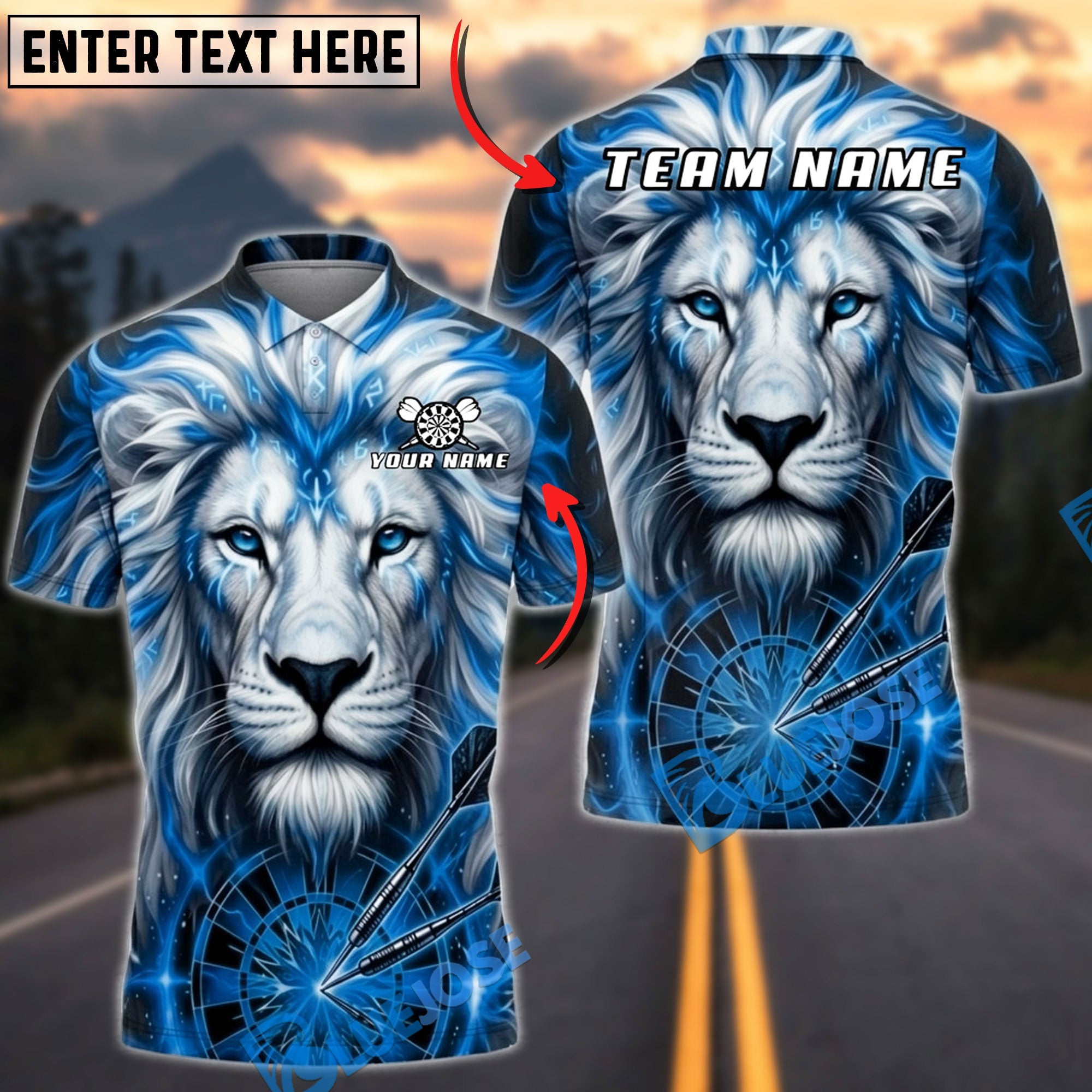 BlueJose Darts Golden Fire Lion Dartboard Fantasy Personalized Name, Team Name Unisex Shirt (6 Colors)