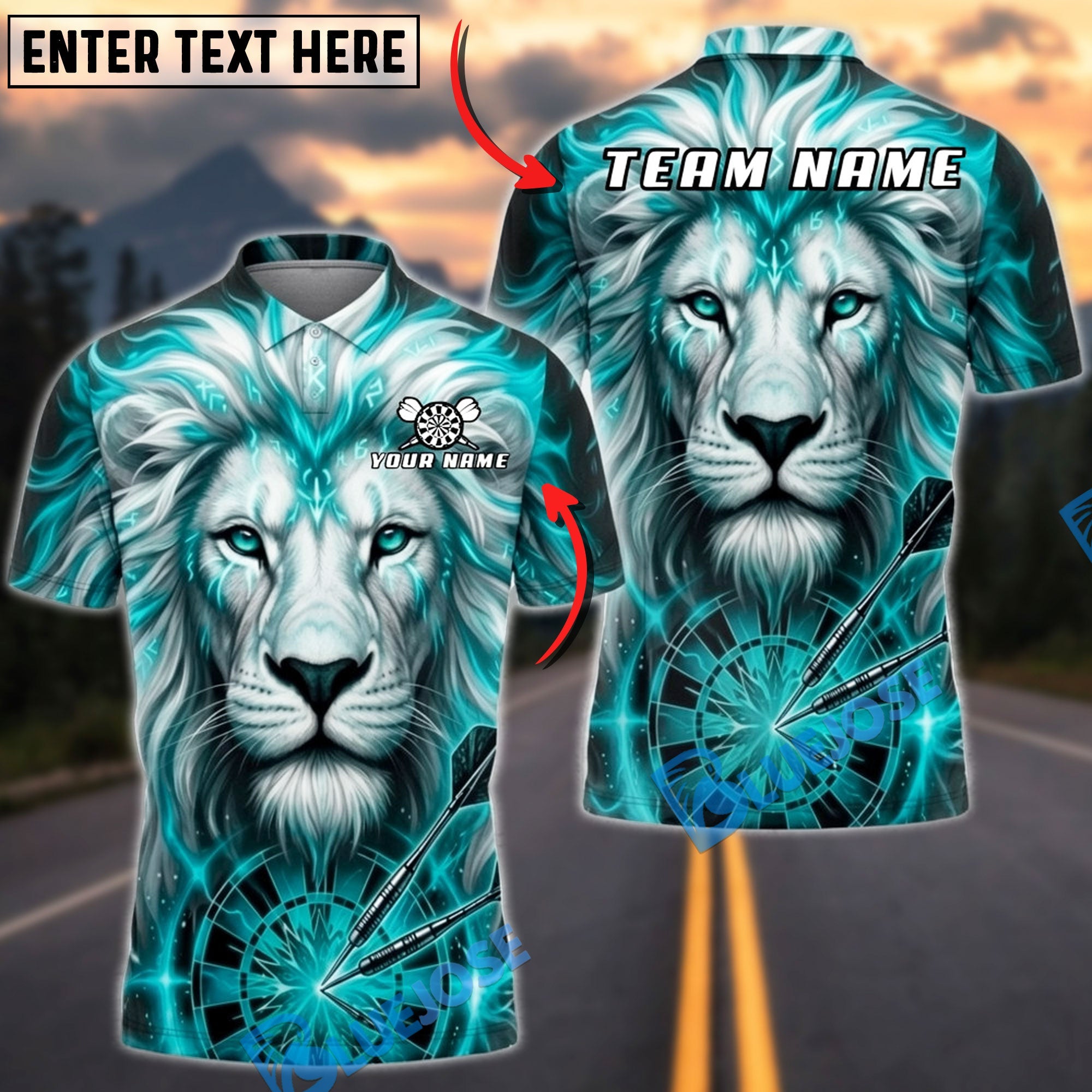 BlueJose Darts Golden Fire Lion Dartboard Fantasy Personalized Name, Team Name Unisex Shirt (6 Colors)