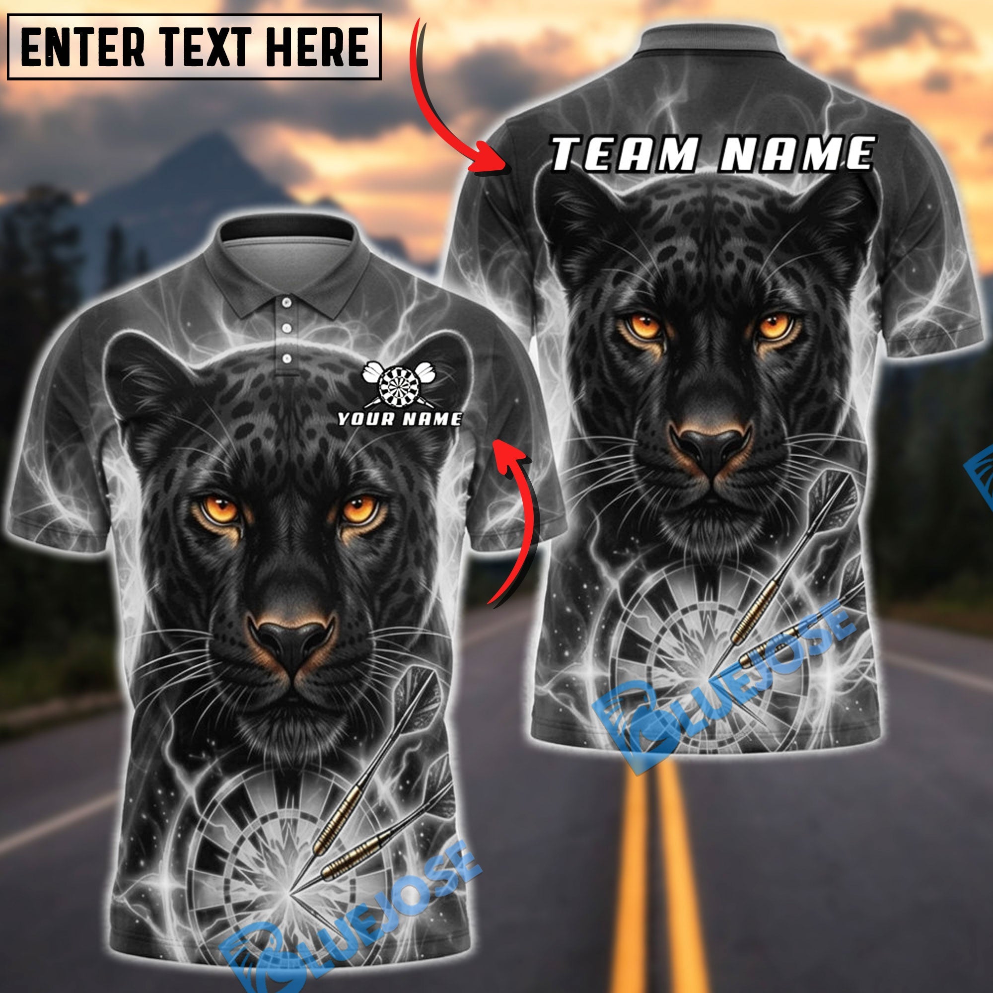 BlueJose Darts Thunder Black Panther Dartboard Fantasy Personalized Name, Team Name Unisex Shirt (6 Colors)
