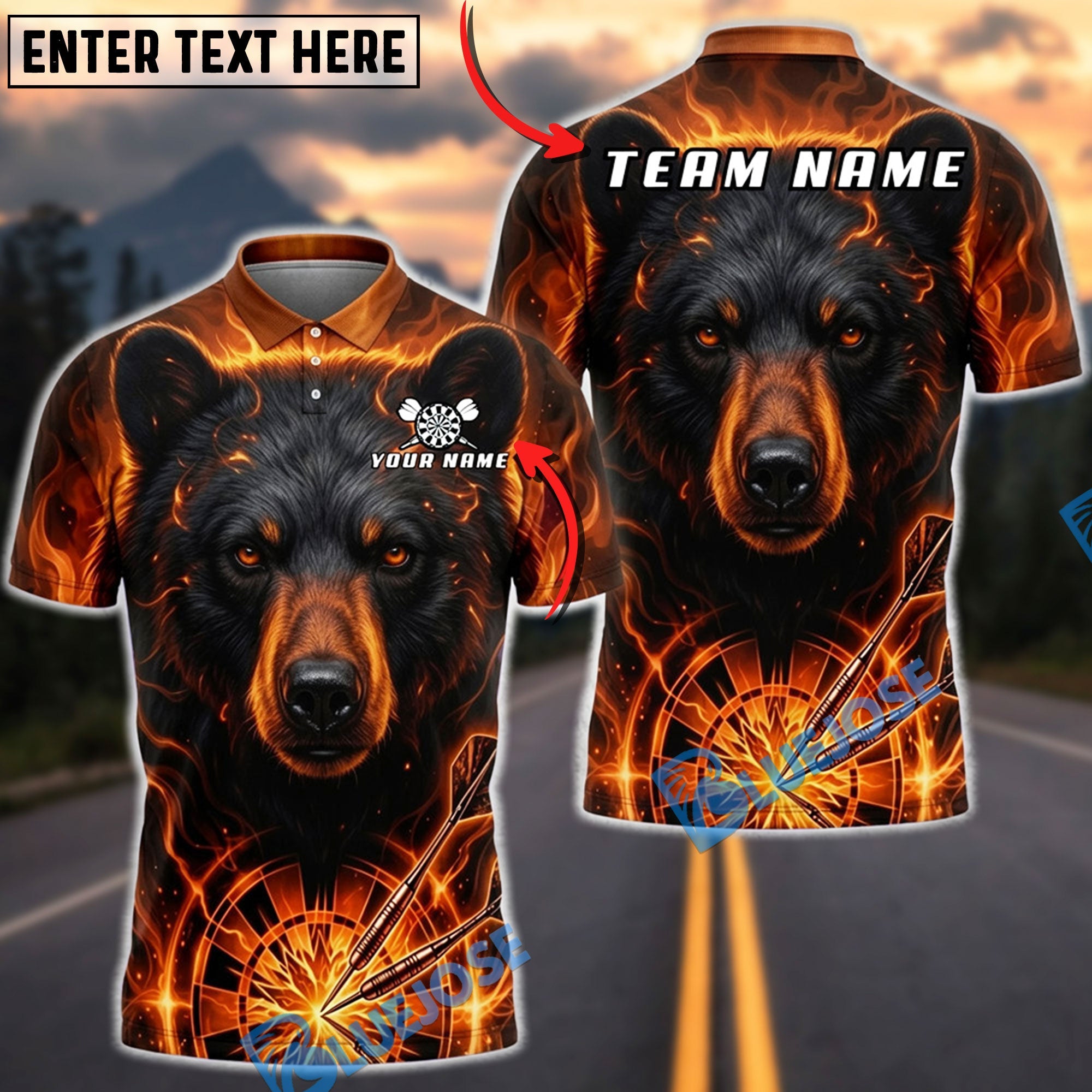 BlueJose Darts Fiery Flame Bear Dartboard Fantasy Personalized Name, Team Name Unisex Shirt (6 Colors)