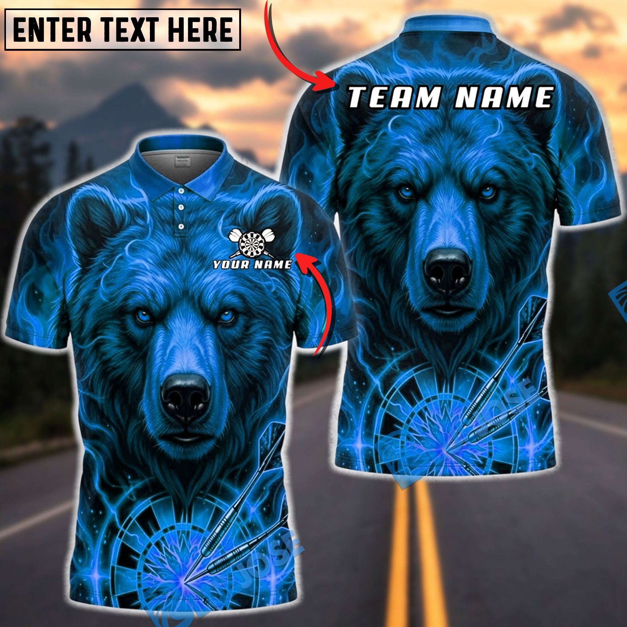 BlueJose Darts Fiery Flame Bear Dartboard Fantasy Personalized Name, Team Name Unisex Shirt (6 Colors)
