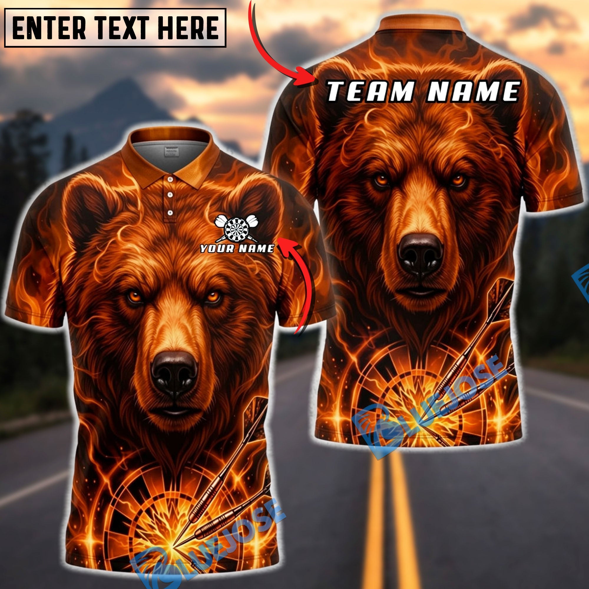 BlueJose Darts Fiery Flame Bear Dartboard Fantasy Personalized Name, Team Name Unisex Shirt (6 Colors)