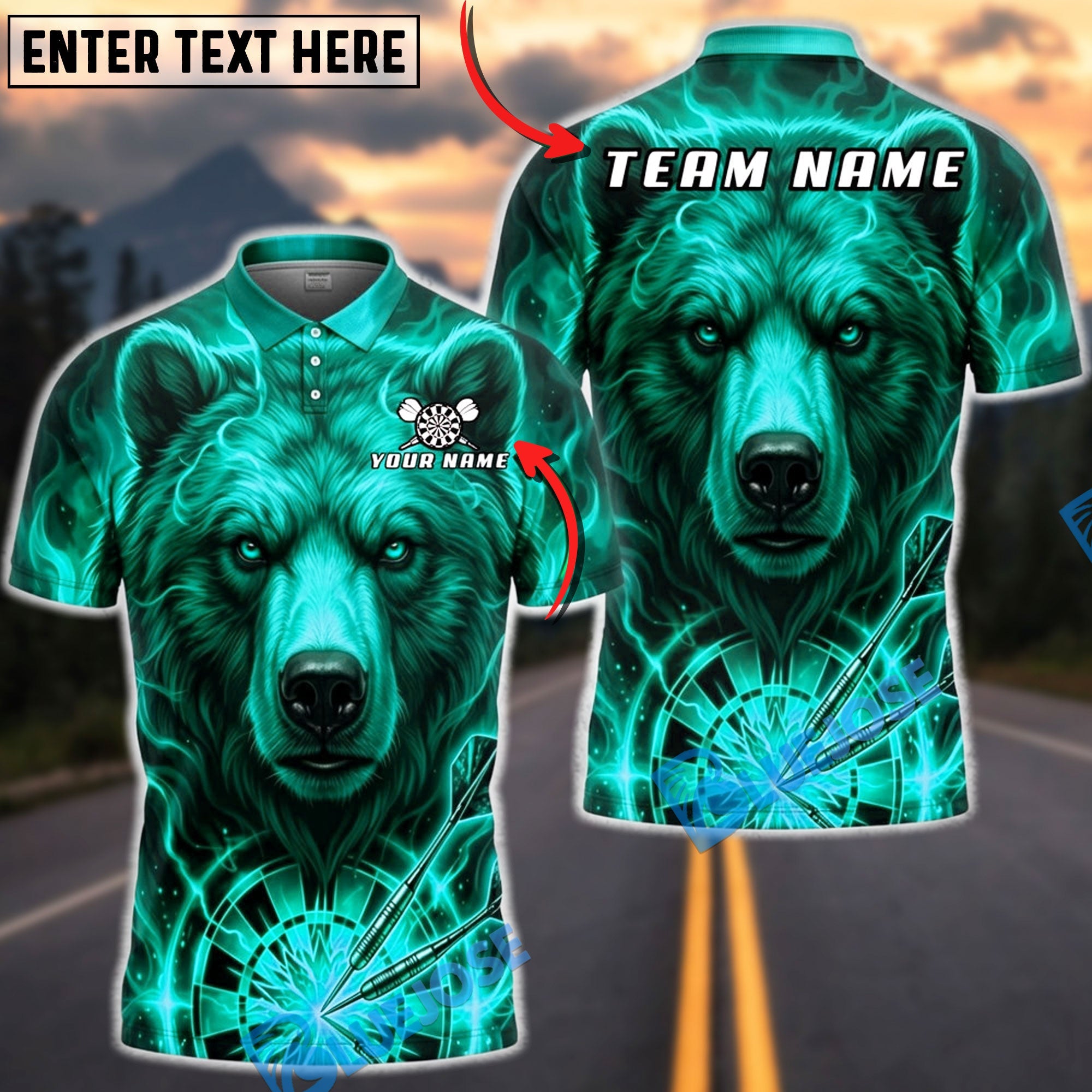 BlueJose Darts Fiery Flame Bear Dartboard Fantasy Personalized Name, Team Name Unisex Shirt (6 Colors)