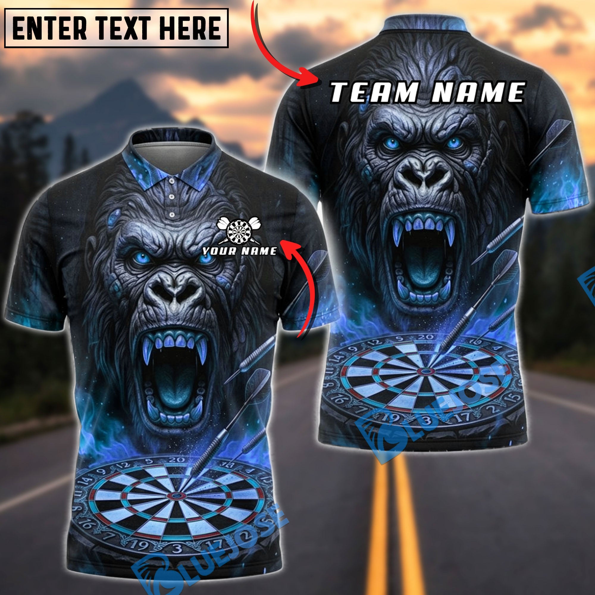 BlueJose Darts Furious Fire Gorilla Dartboard Fantasy Personalized Name, Team Name Unisex Shirt (4 Colors)