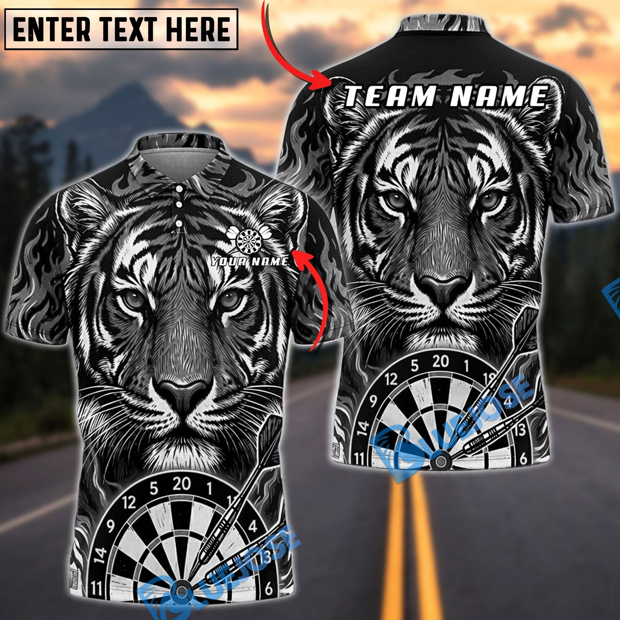 BlueJose Darts Blazing Fire Tiger Dartboard Fantasy Personalized Name, Team Name Unisex Shirt (6 Colors)