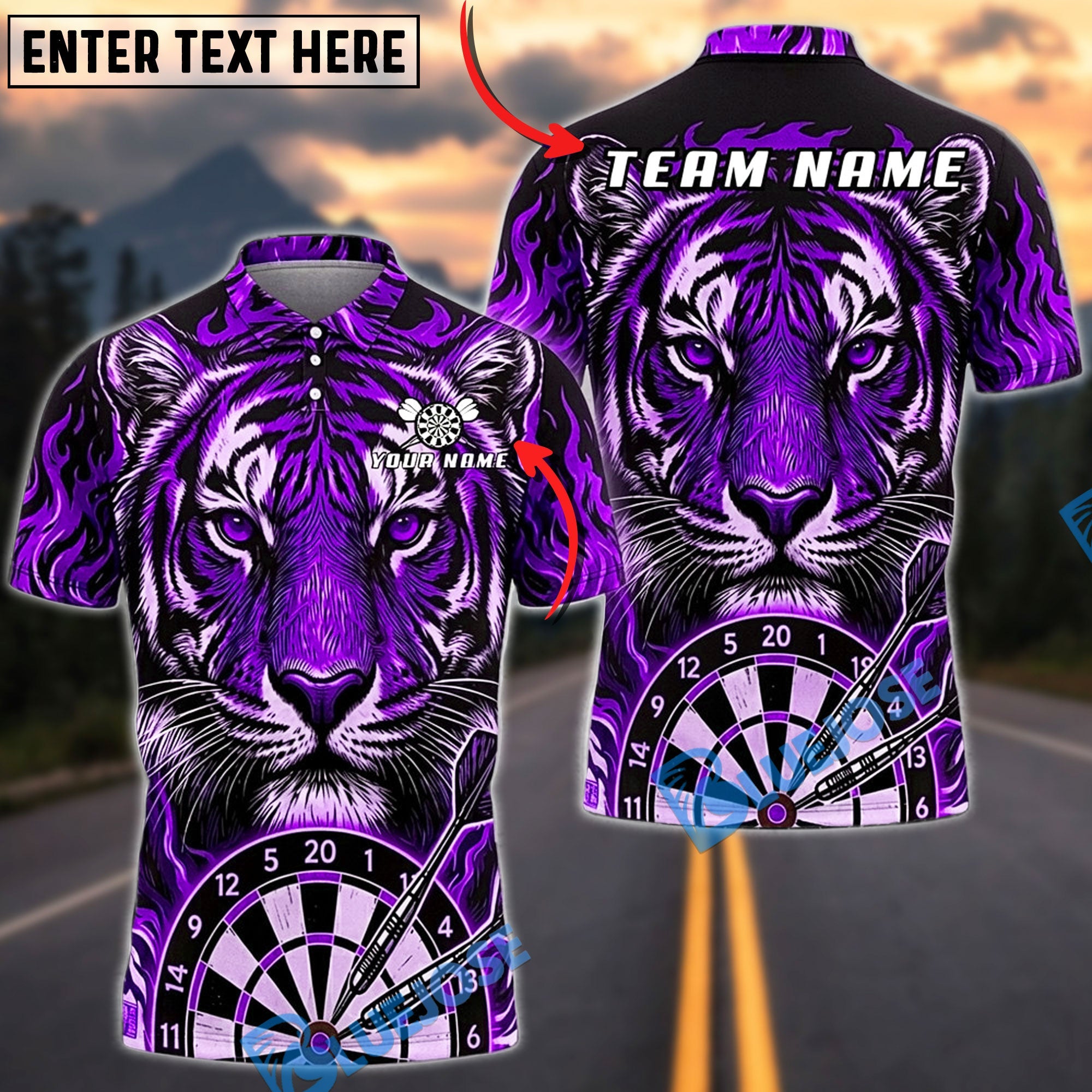 BlueJose Darts Blazing Fire Tiger Dartboard Fantasy Personalized Name, Team Name Unisex Shirt (6 Colors)