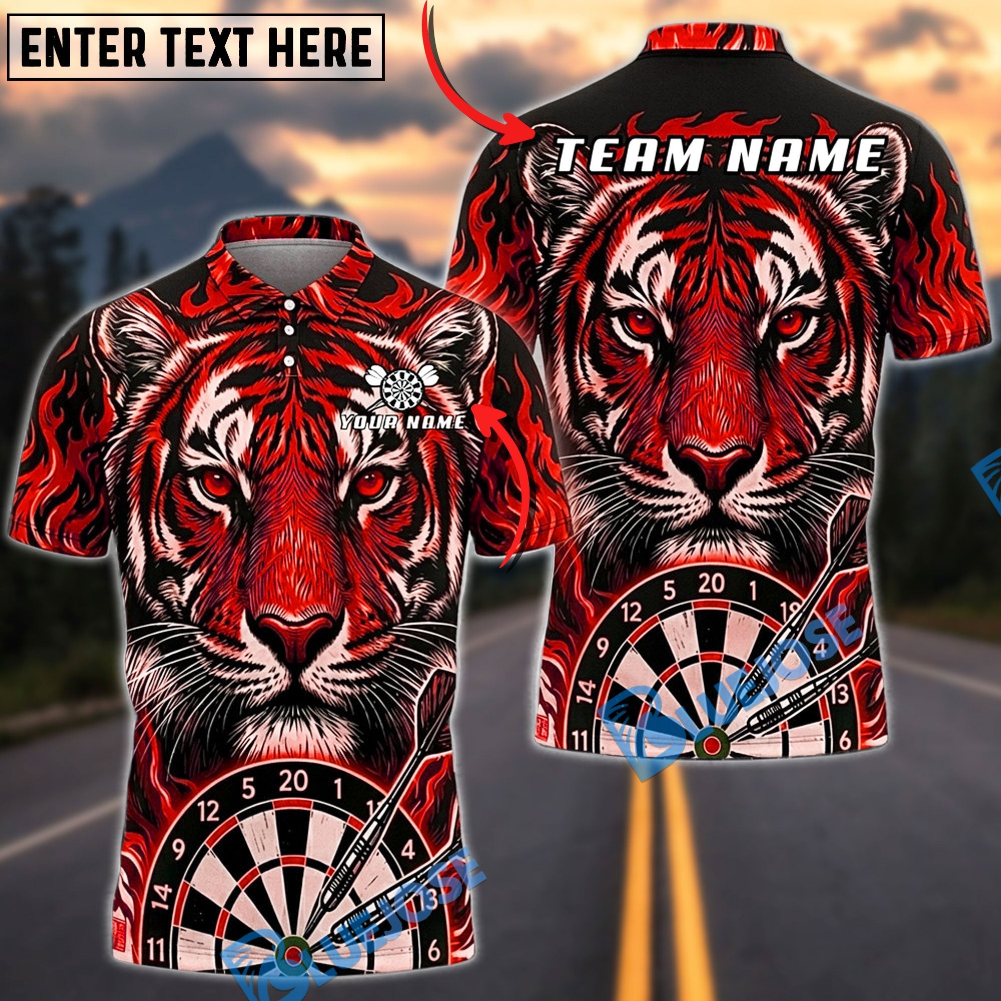 BlueJose Darts Blazing Fire Tiger Dartboard Fantasy Personalized Name, Team Name Unisex Shirt (6 Colors)