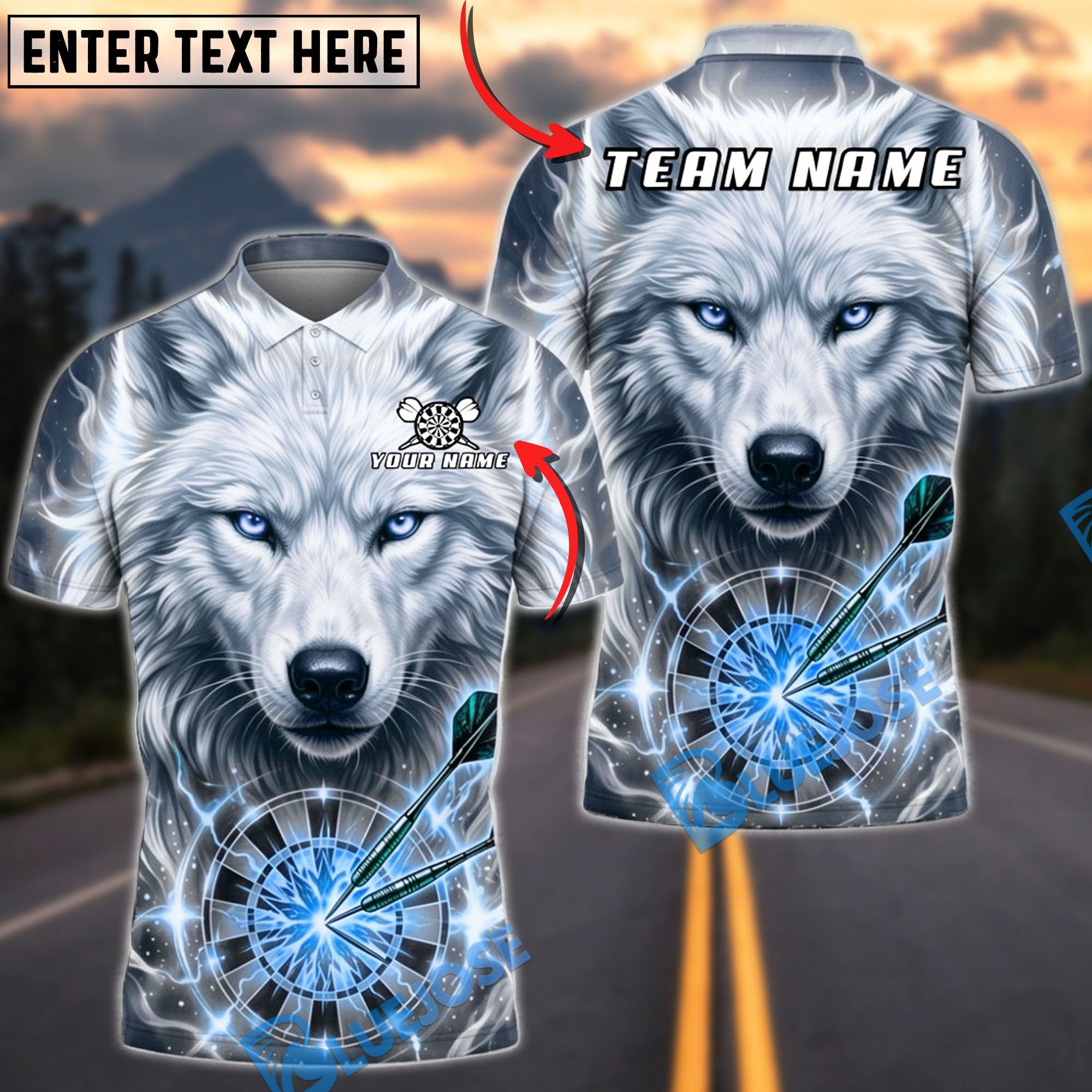 BlueJose Darts Ice Thunder White Wolf Dartboard Fantasy Personalized Name, Team Name Unisex Shirt (6 Colors)