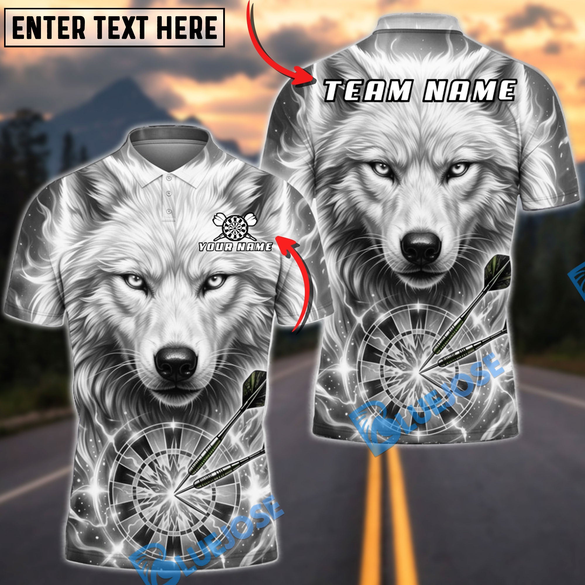 BlueJose Darts Ice Thunder White Wolf Dartboard Fantasy Personalized Name, Team Name Unisex Shirt (6 Colors)