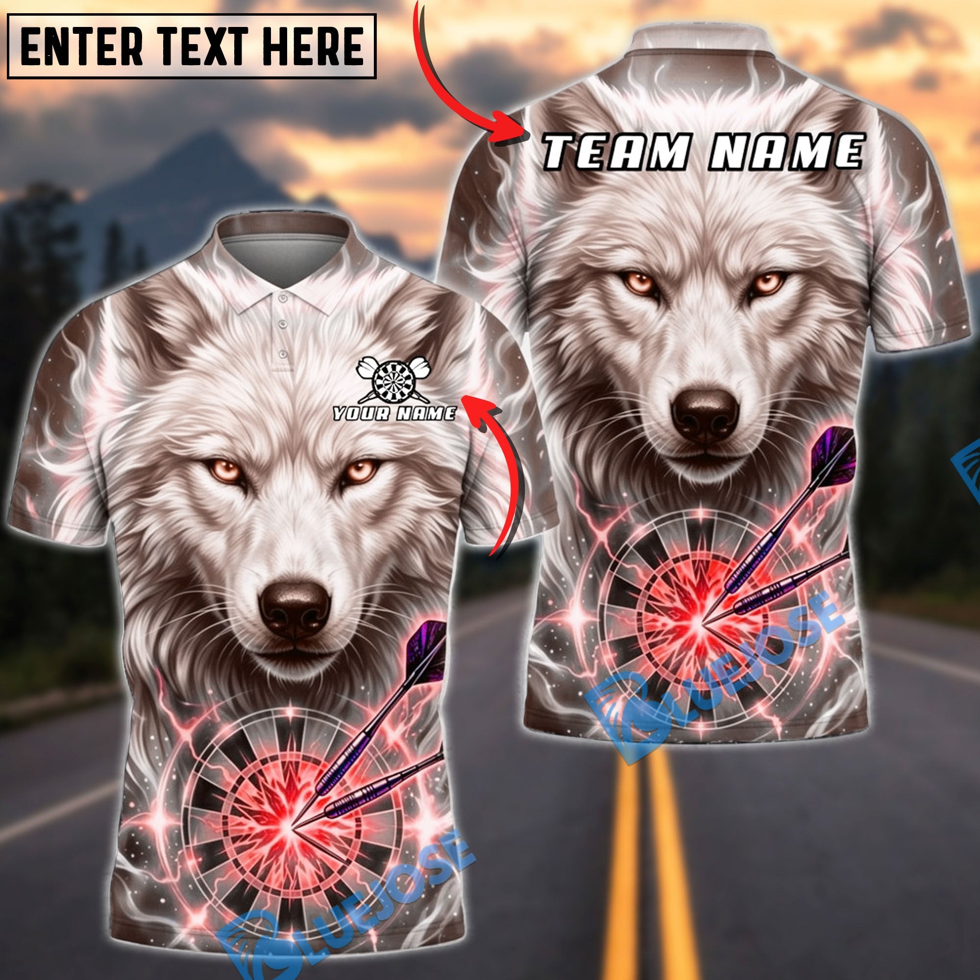 BlueJose Darts Ice Thunder White Wolf Dartboard Fantasy Personalized Name, Team Name Unisex Shirt (6 Colors)