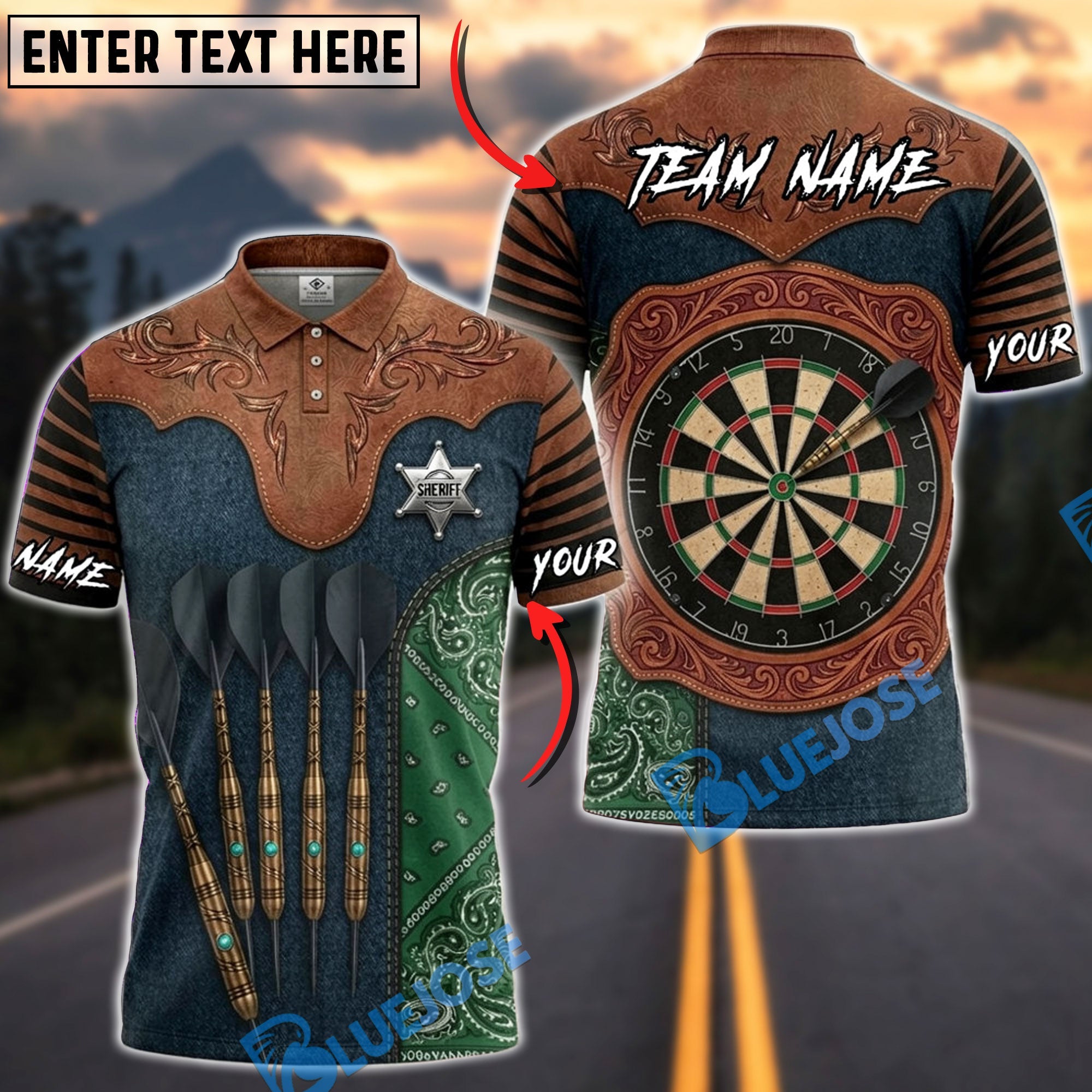 BlueJose Darts Wild West Sheriff Dartboard Fantasy Personalized Name, Team Name Unisex Shirt (4 Colors)