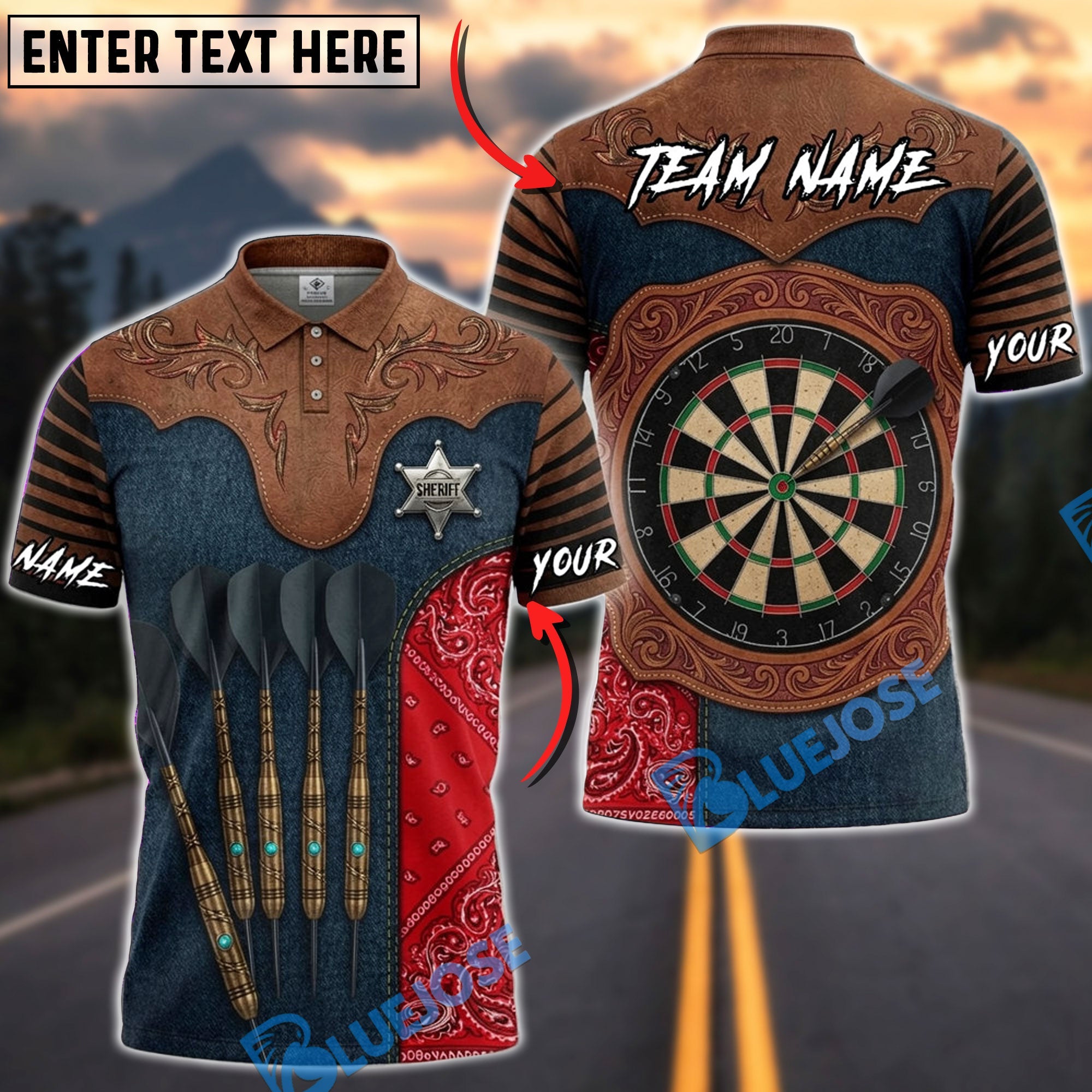 BlueJose Darts Wild West Sheriff Dartboard Fantasy Personalized Name, Team Name Unisex Shirt (4 Colors)