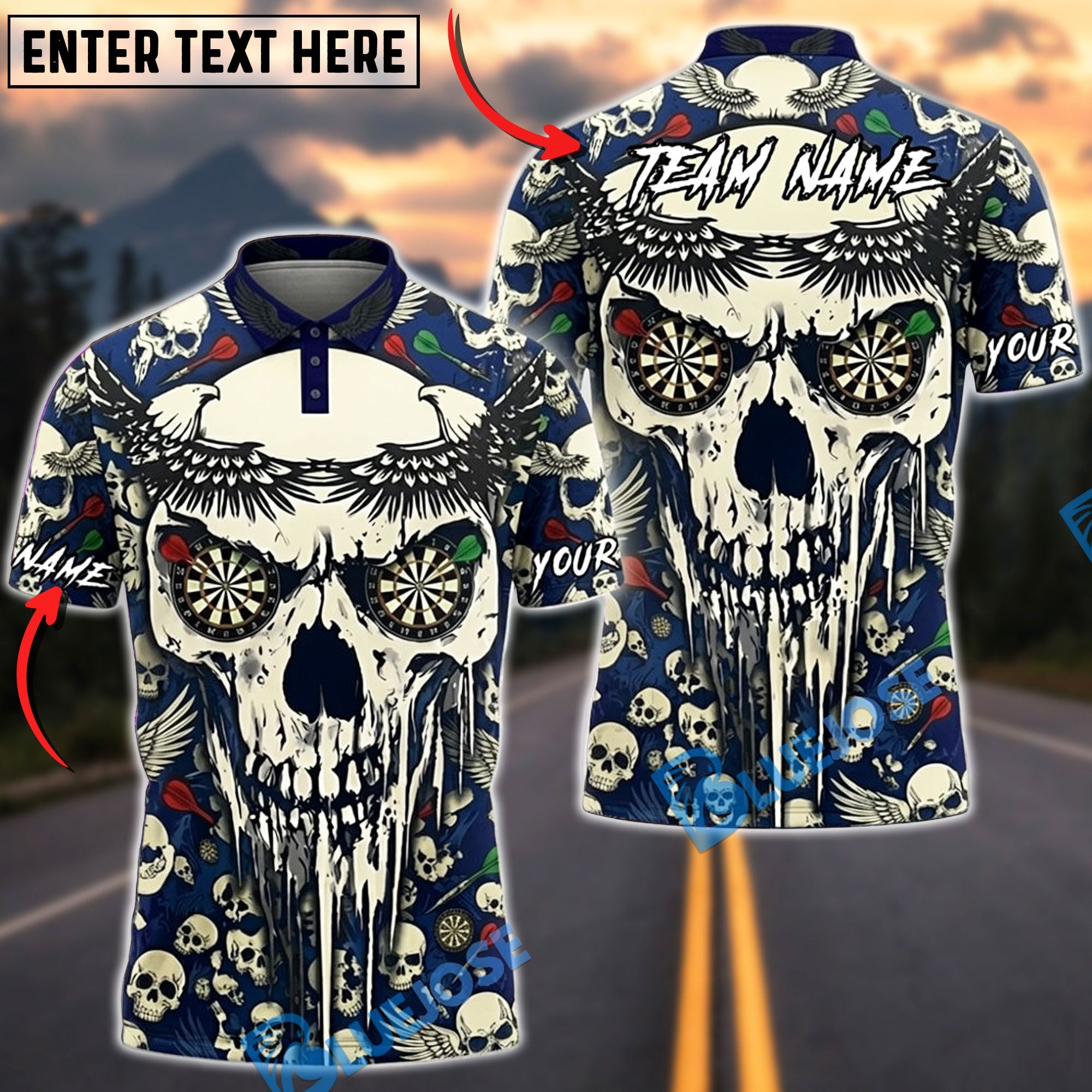BlueJose Darts Eagle Skull Dartboard Fantasy Personalized Name, Team Name Unisex Shirt (4 Colors)