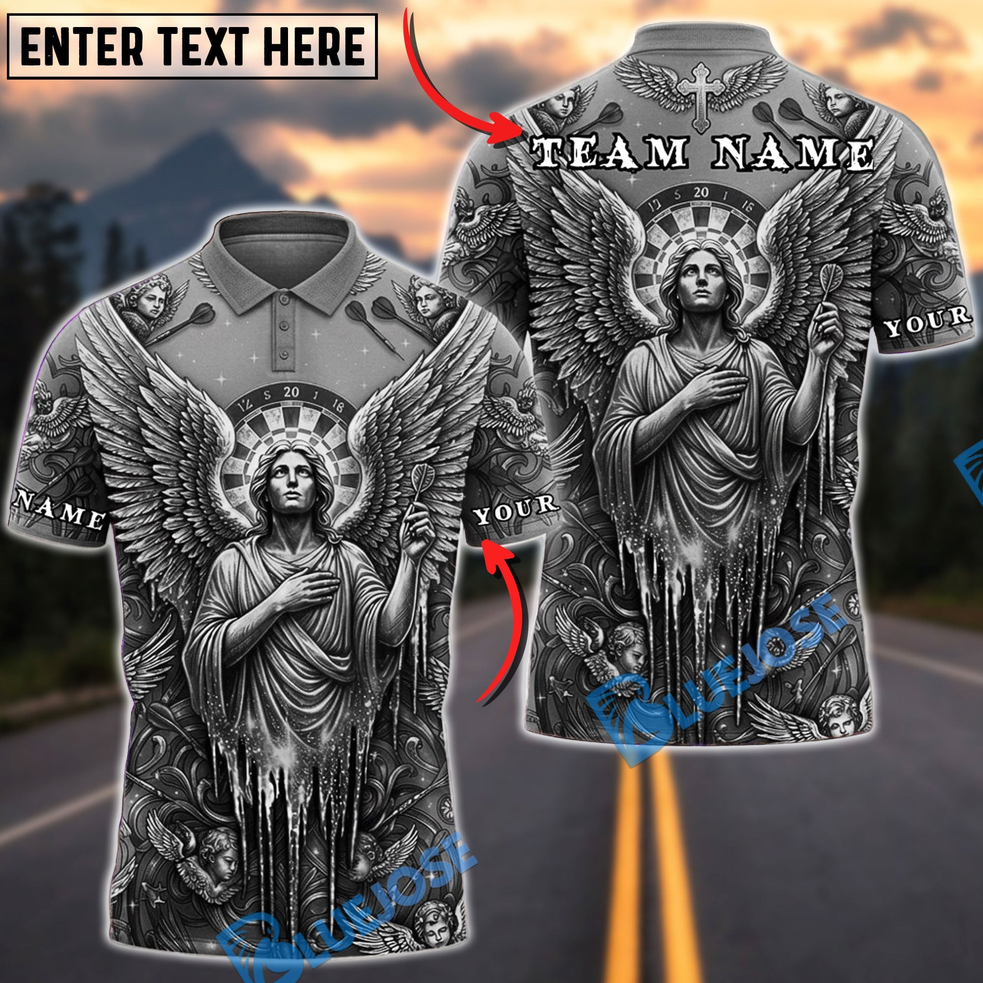 BlueJose Darts Golden Holy Angel Dartboard Fantasy Personalized Name, Team Name Unisex Shirt (6 Colors)