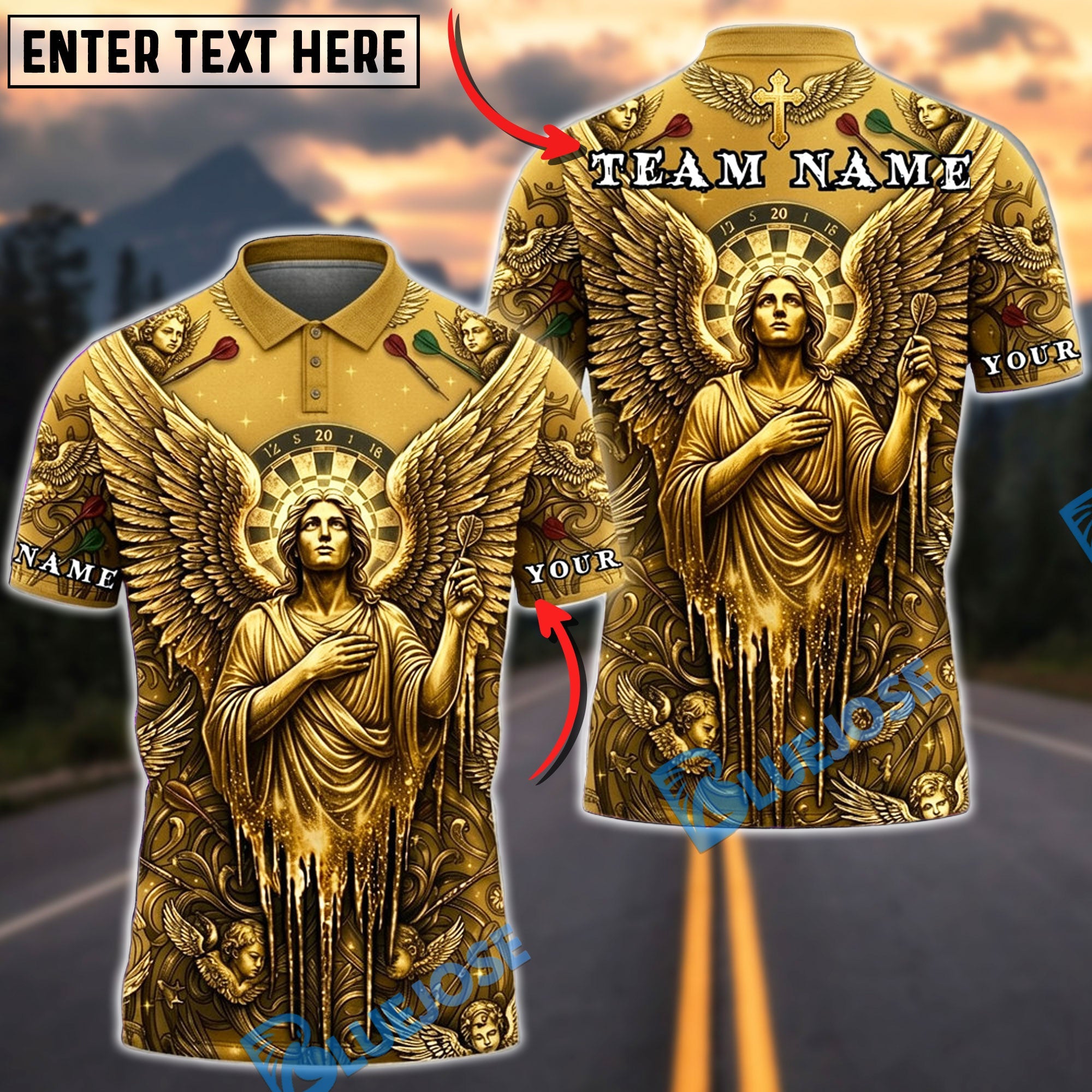 BlueJose Darts Golden Holy Angel Dartboard Fantasy Personalized Name, Team Name Unisex Shirt (6 Colors)