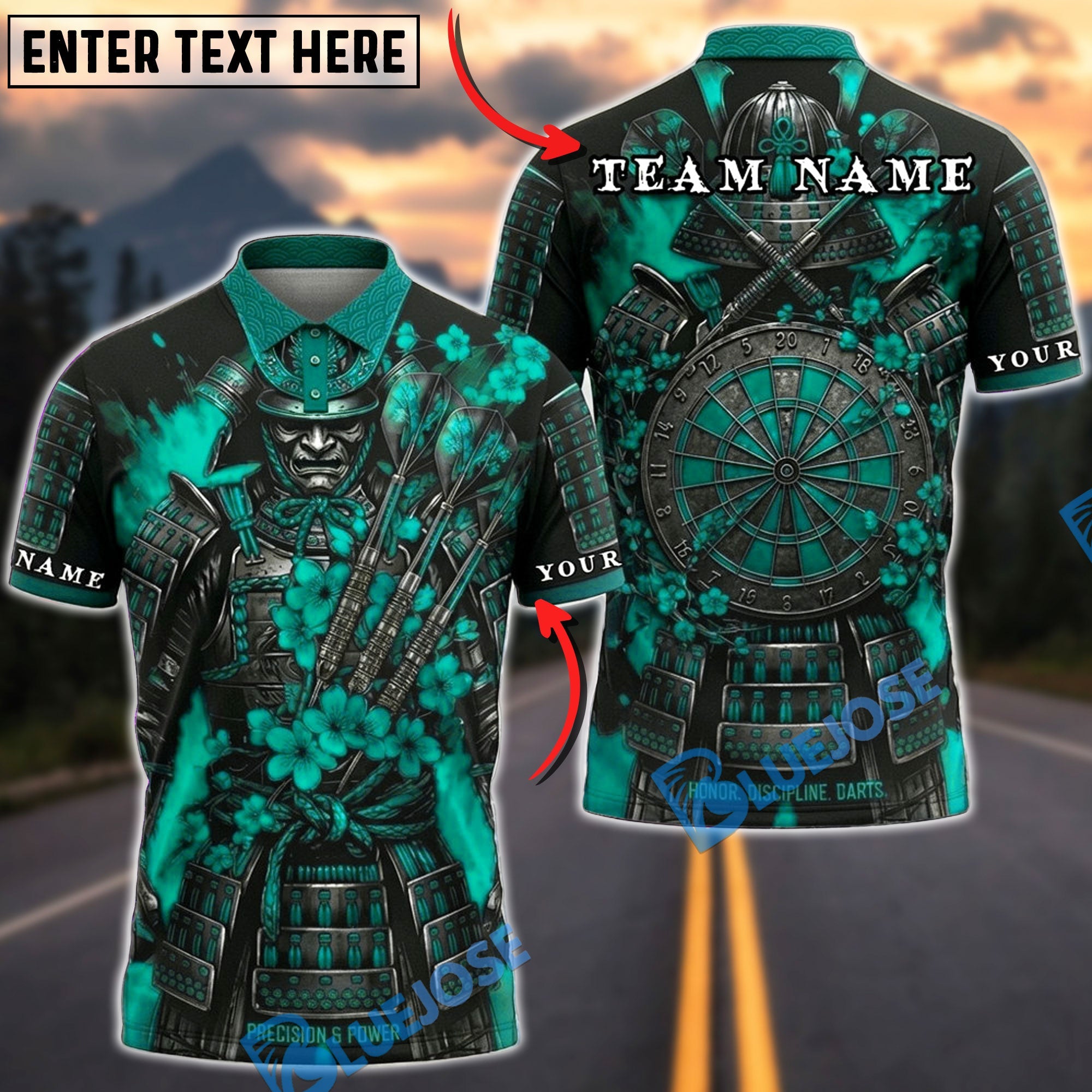 BlueJose Darts Crimson Samurai Warrior Dartboard Fantasy Personalized Name, Team Name Unisex Shirt (4 Colors)