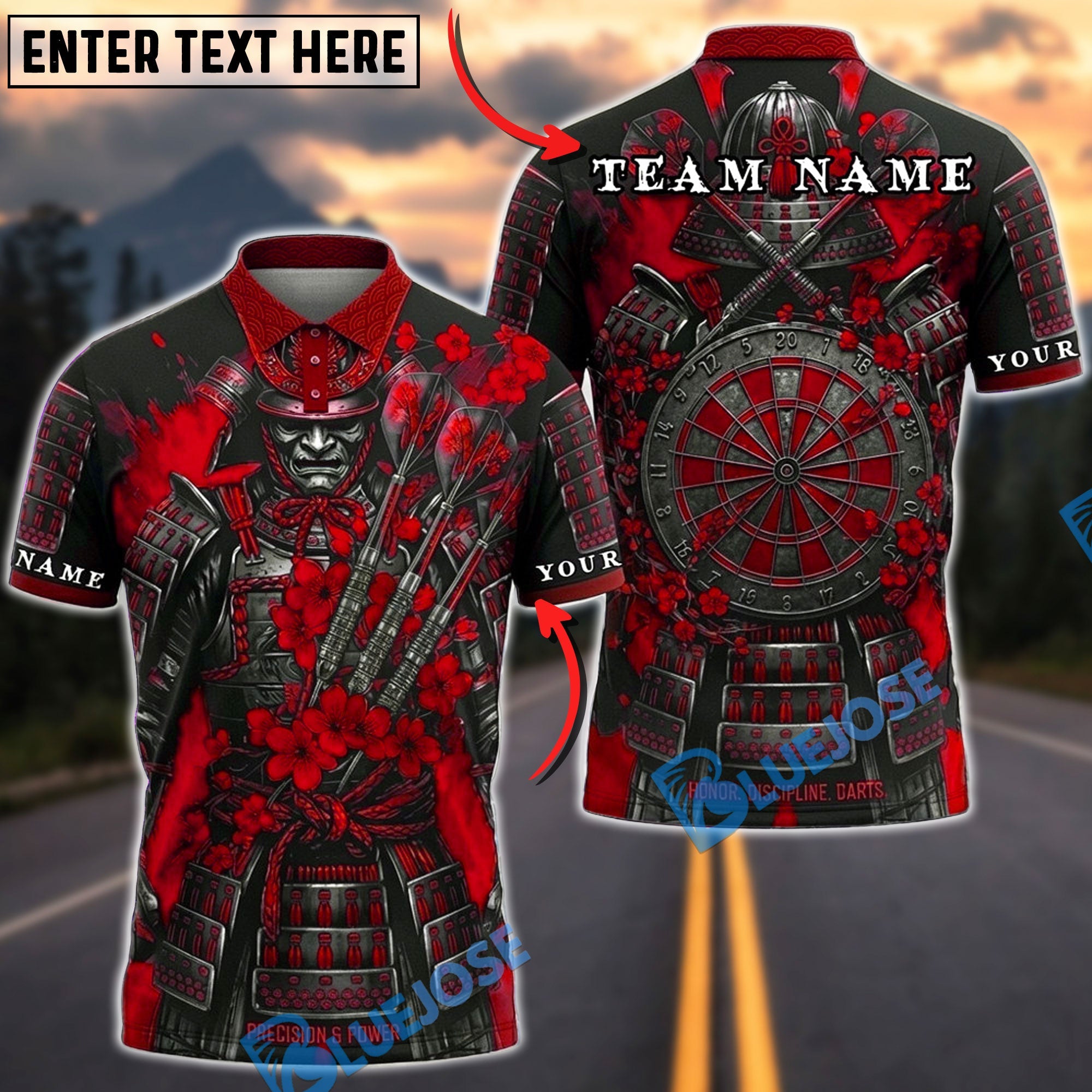 BlueJose Darts Crimson Samurai Warrior Dartboard Fantasy Personalized Name, Team Name Unisex Shirt (4 Colors)