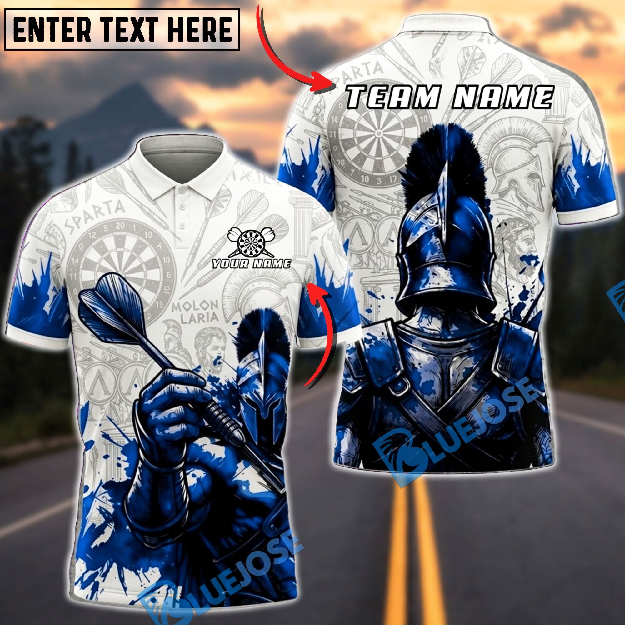 BlueJose Darts Blood Spartan Warrior Dartboard Fantasy Personalized Name, Team Name Unisex Shirt (4 Colors)
