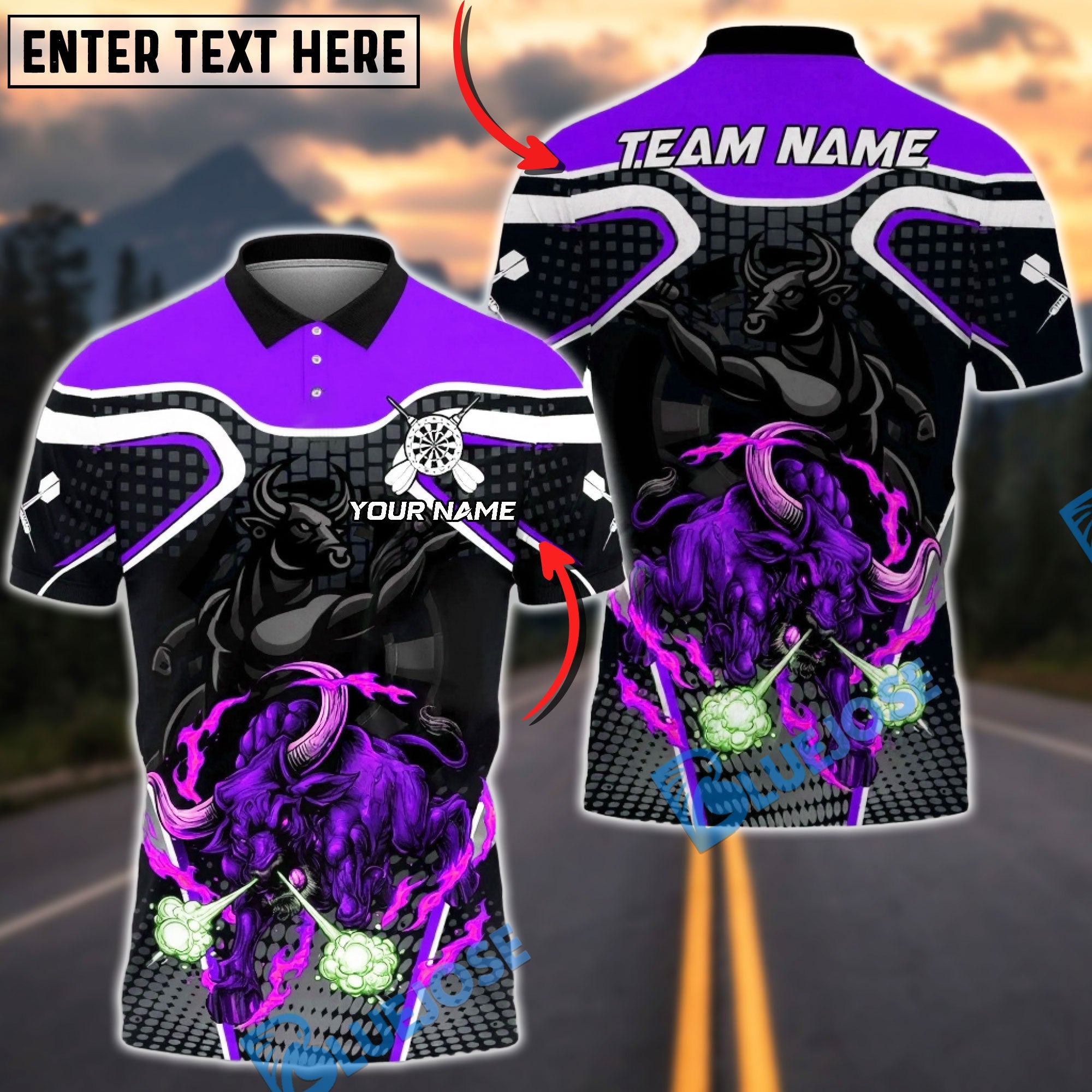 BlueJose Darts Flaming Bull Power Multicolor Options Personalized Name Shirt (4 Colors)