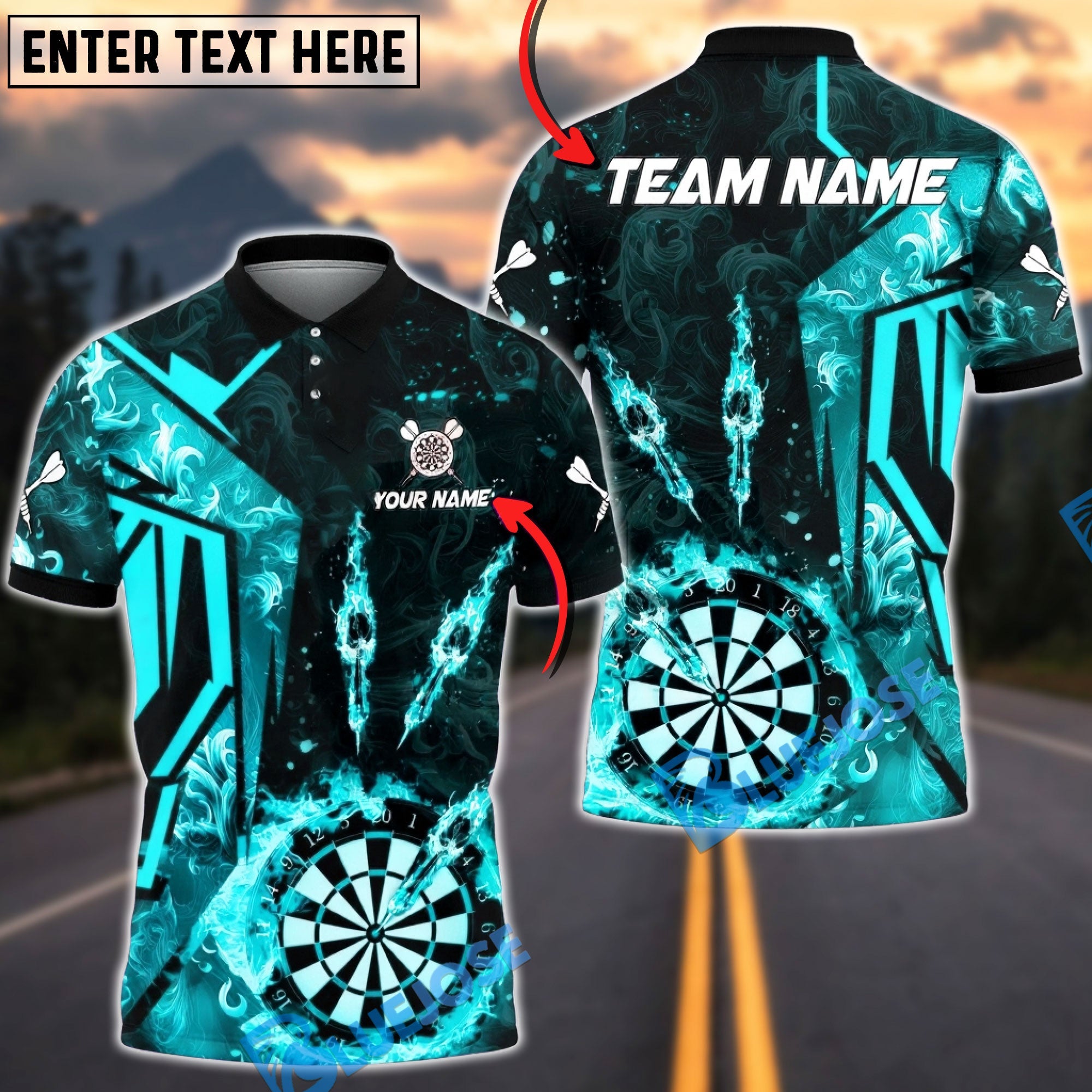 BlueJose Darts  Flame Dartboard Darts Player Three Arrows Multicolor Options Personalized Name Shirt (4 Colors)