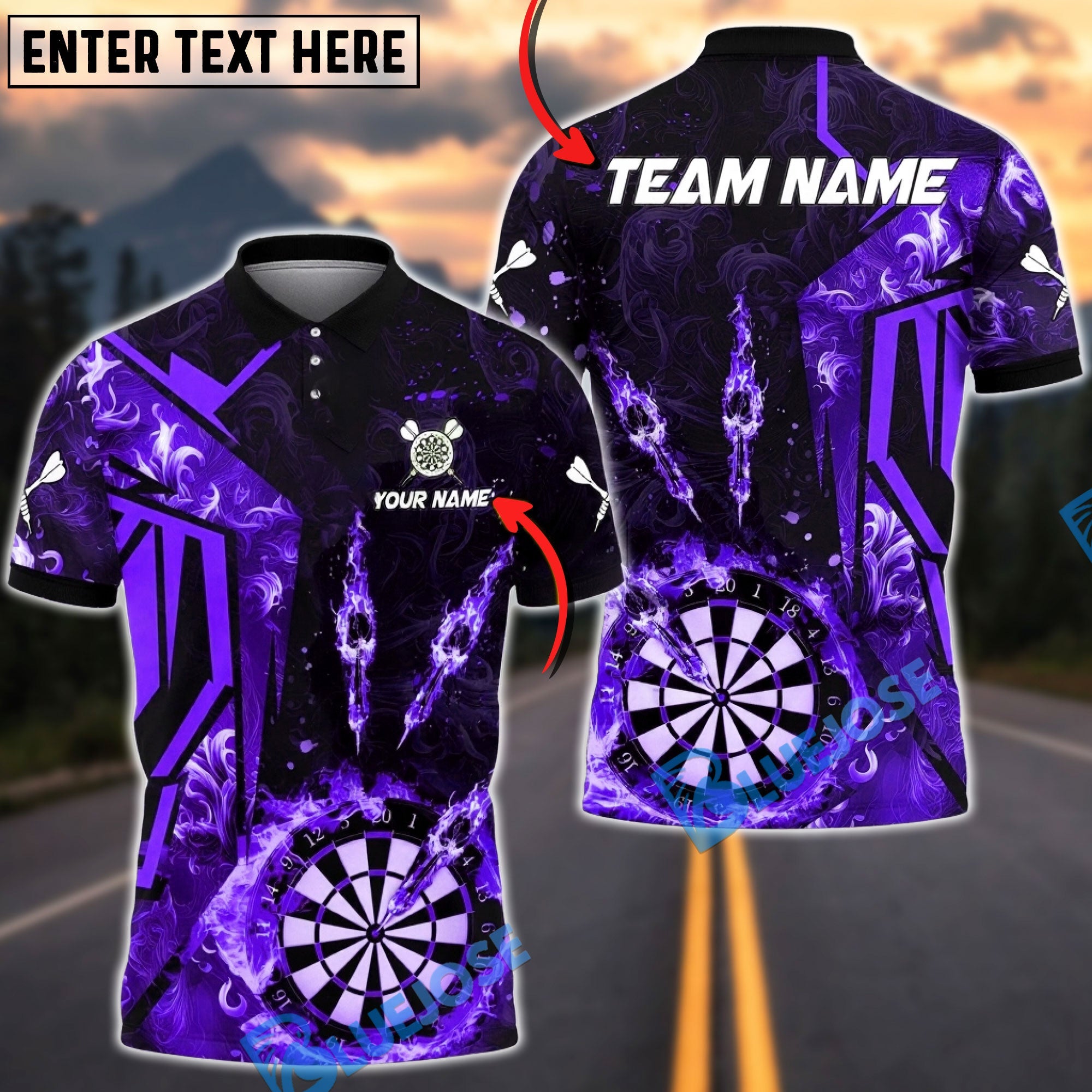 BlueJose Darts  Flame Dartboard Darts Player Three Arrows Multicolor Options Personalized Name Shirt (4 Colors)