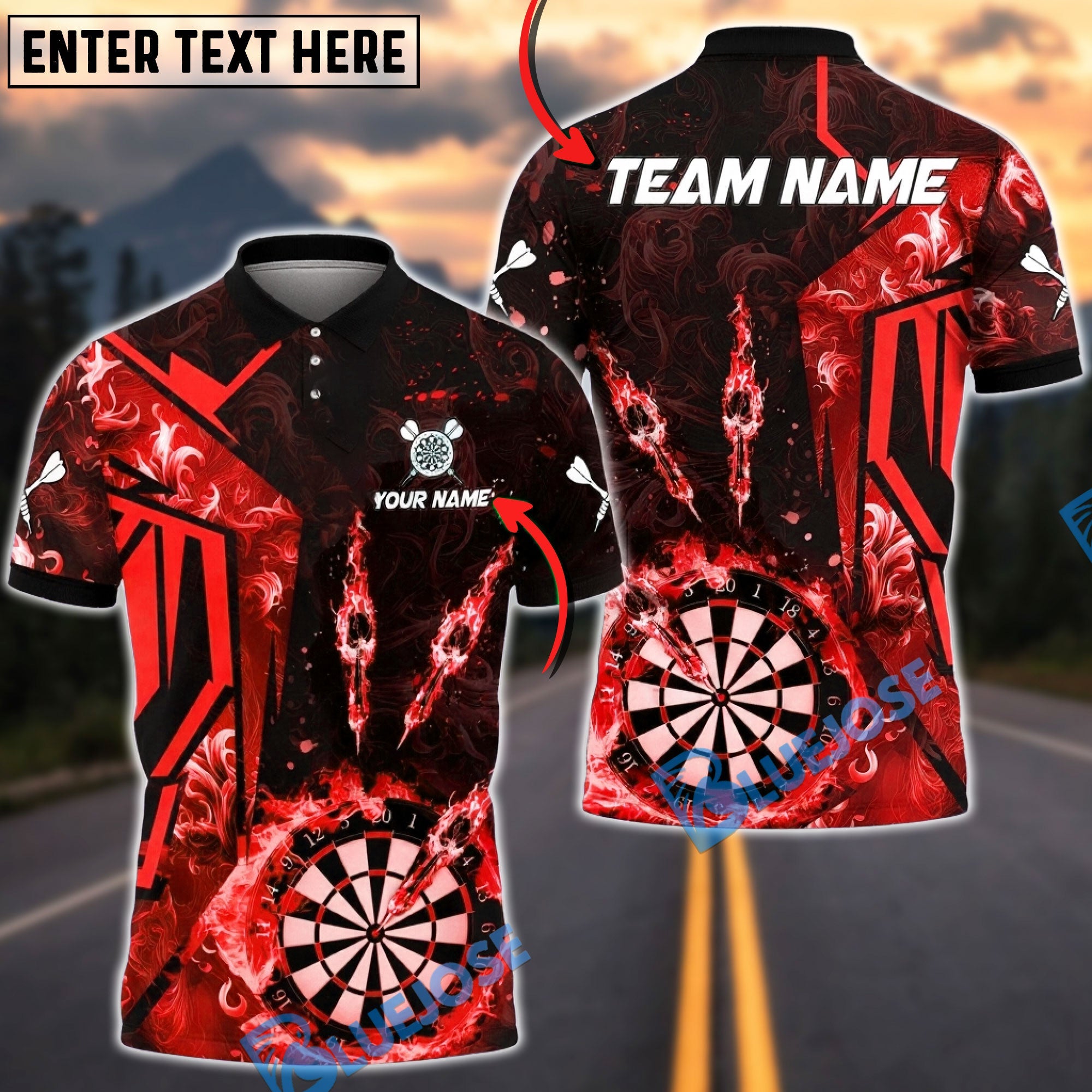 BlueJose Darts  Flame Dartboard Darts Player Three Arrows Multicolor Options Personalized Name Shirt (4 Colors)