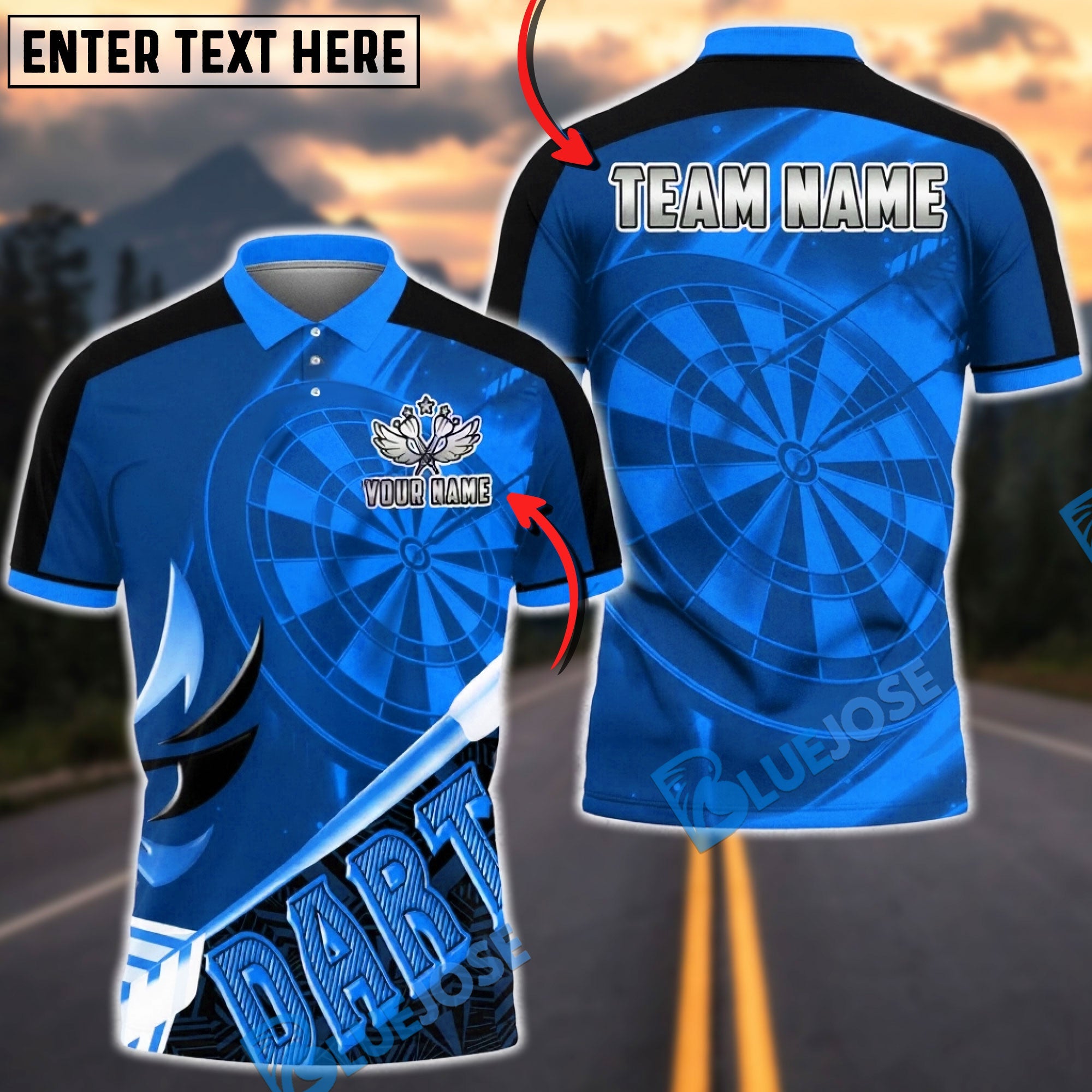 BlueJose Darts Dartboard Electric Neon Glow Graphic Personalized Name, Team Name Unisex Shirt (4 Colors)