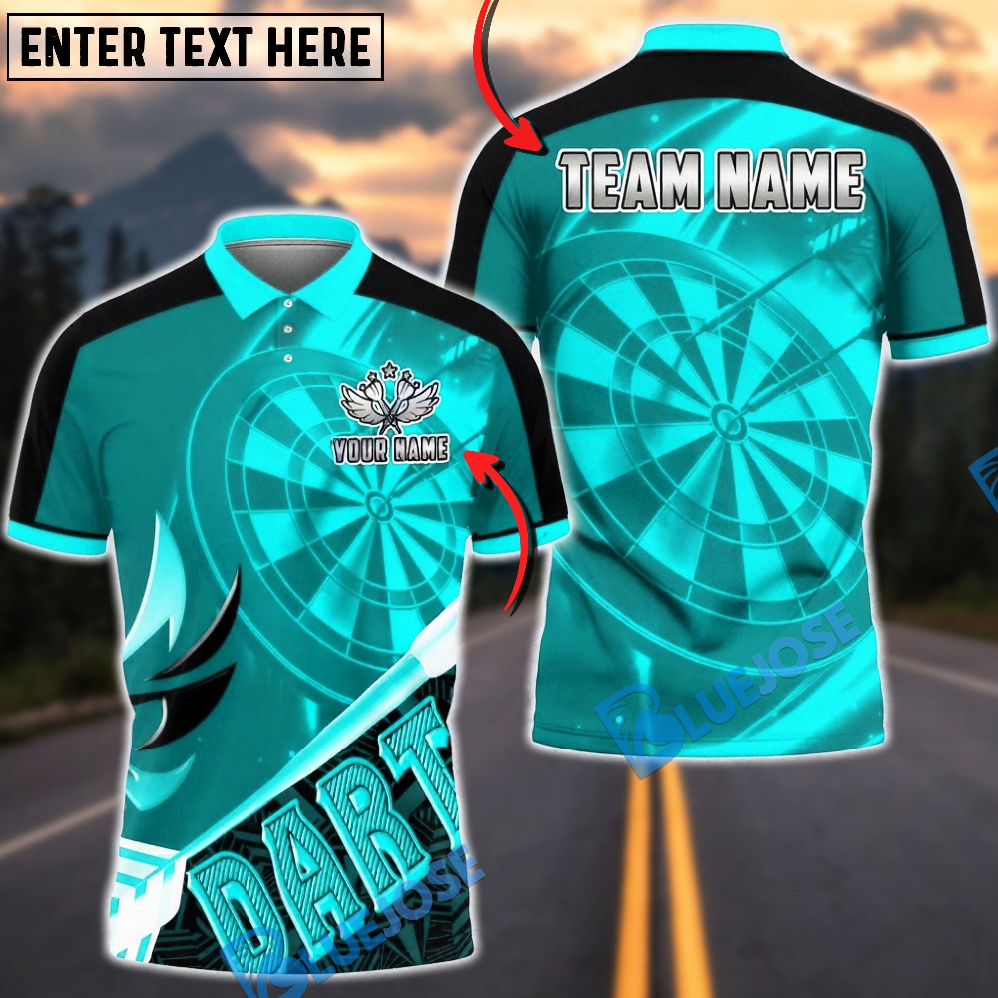 BlueJose Darts Dartboard Electric Neon Glow Graphic Personalized Name, Team Name Unisex Shirt (4 Colors)