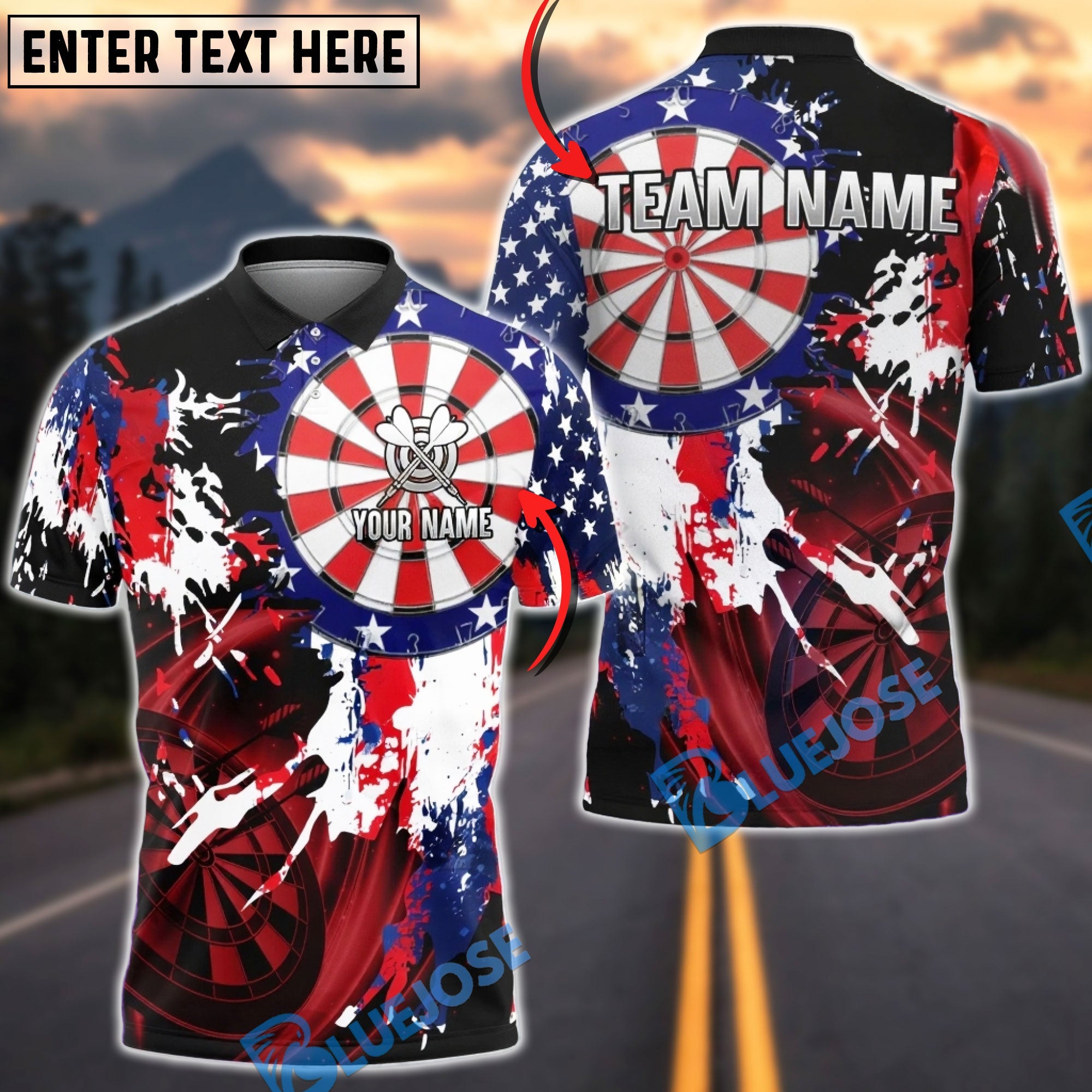 BlueJose Darts American Flag USA Patriot Style Personalized Name Shirt