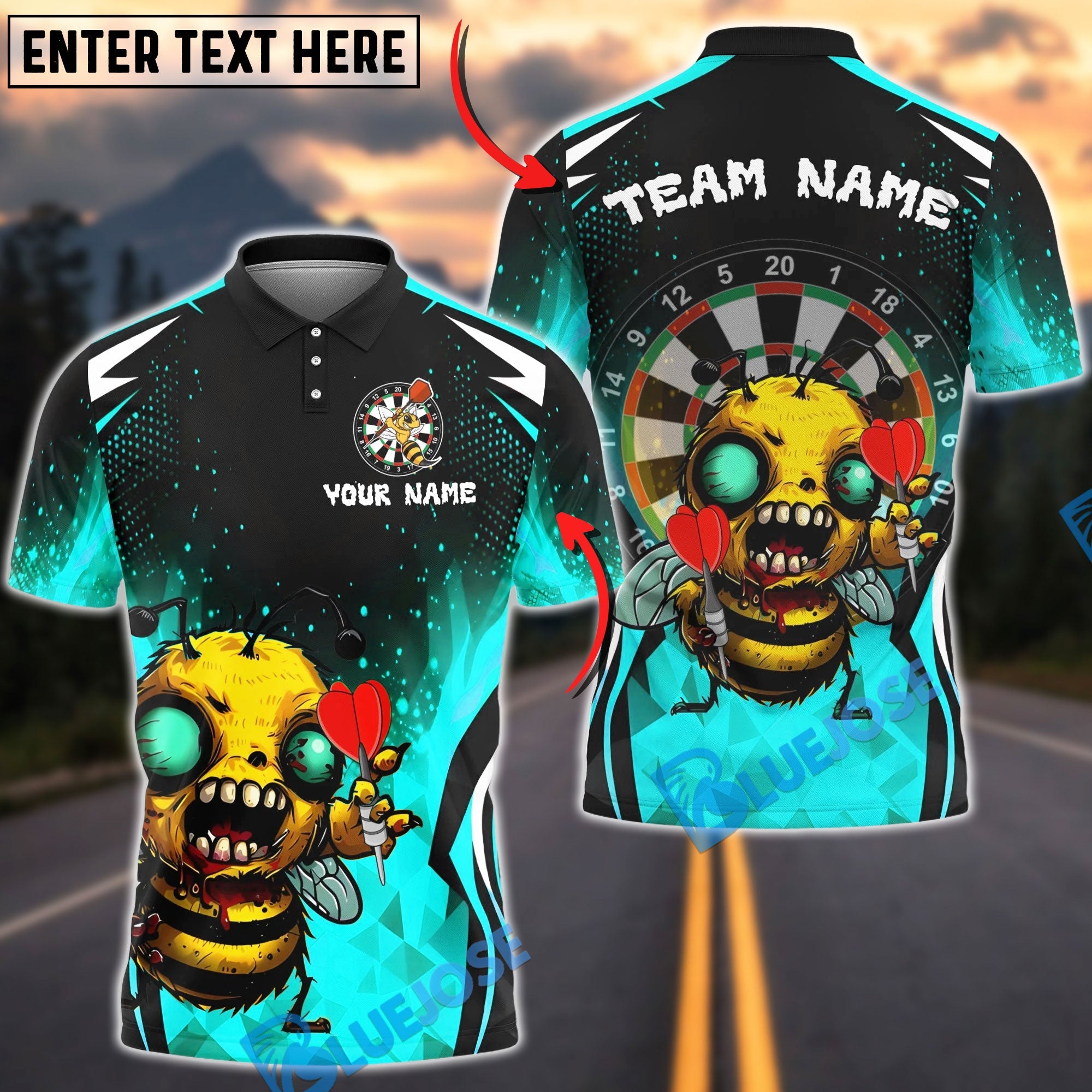 BlueJose Darts Angry Hornet Zombie Mascot Multicolor Options Personalized Name Shirt (6 Colors)