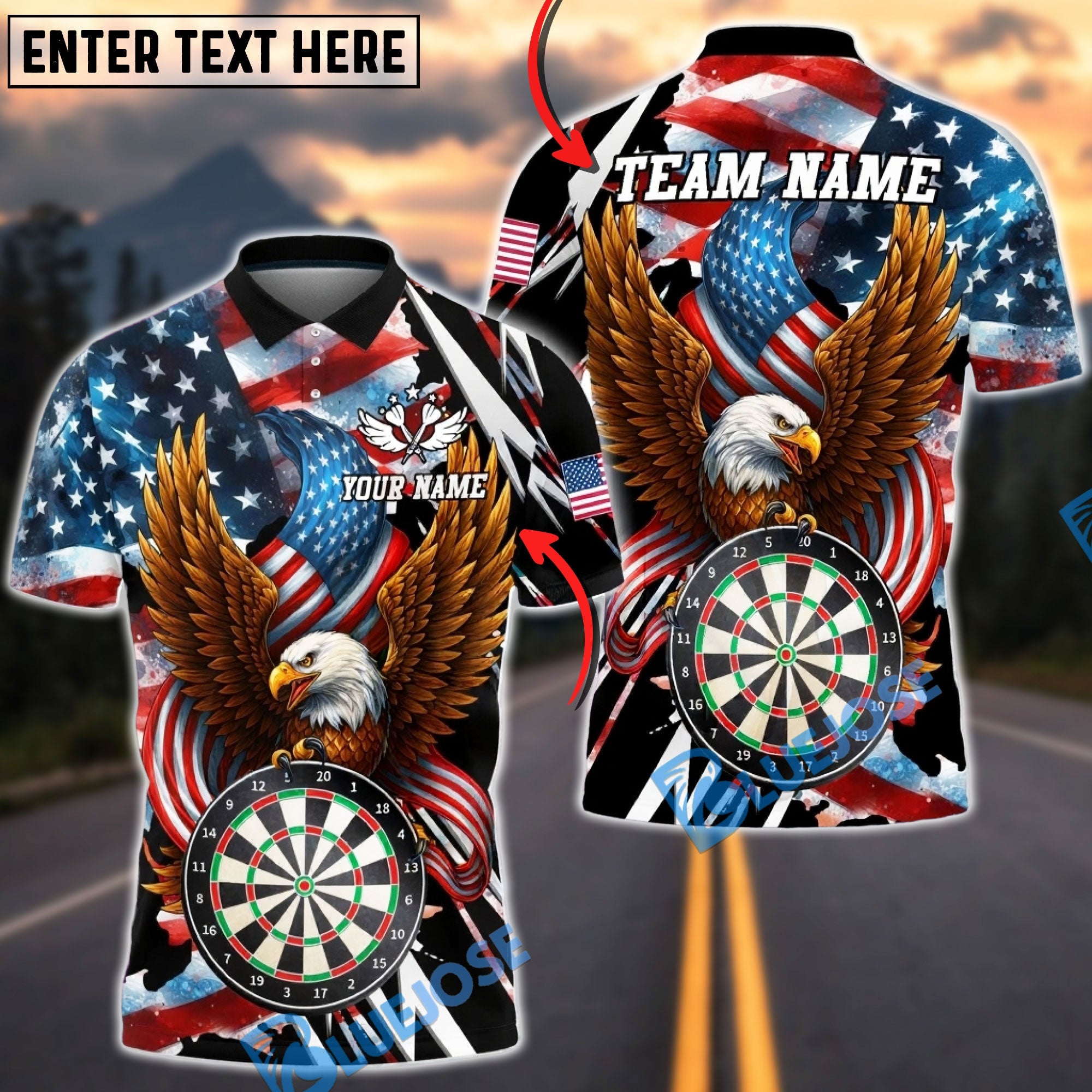 BlueJose Darts American Eagle Patriotic USA Flag Dartboard Champion Design Personalized Name Shirt