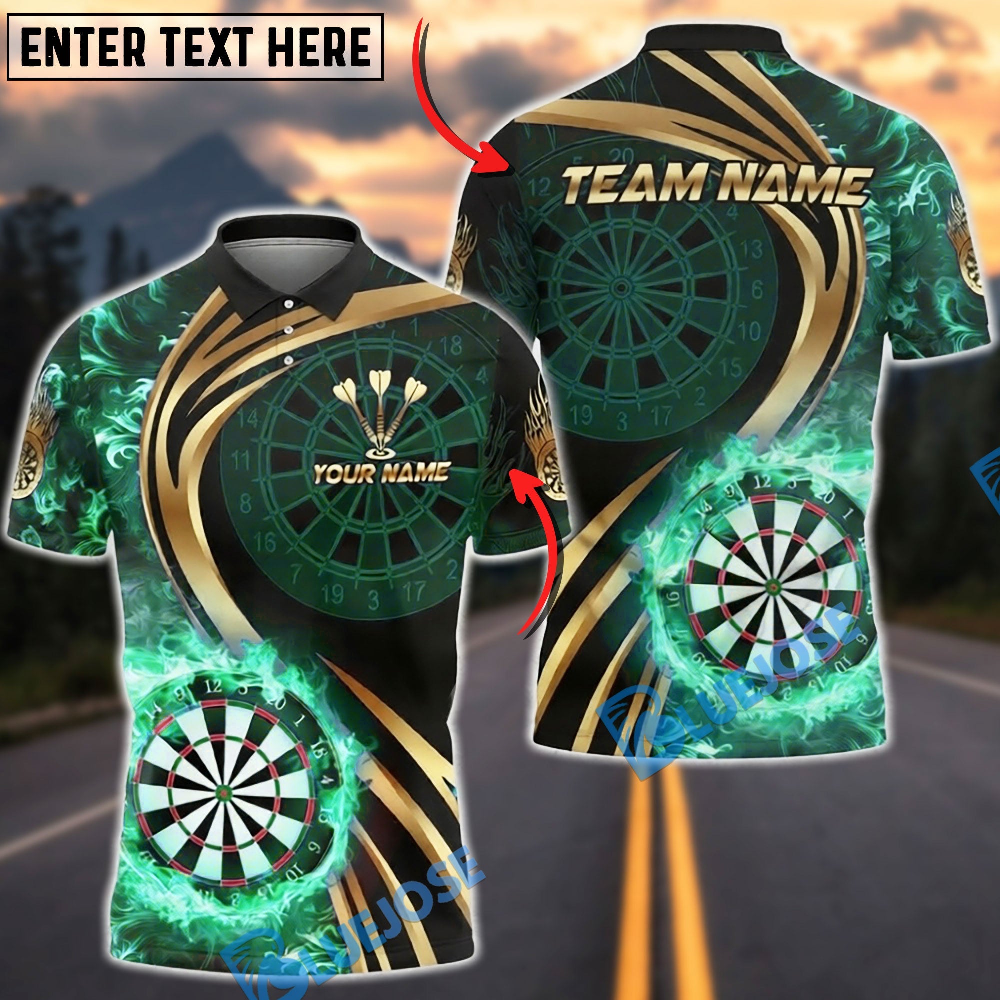 BlueJose Darts On Fire Flaming Dartboard Graphic Personalized Name, Team Name Unisex Shirt (4 Colors)