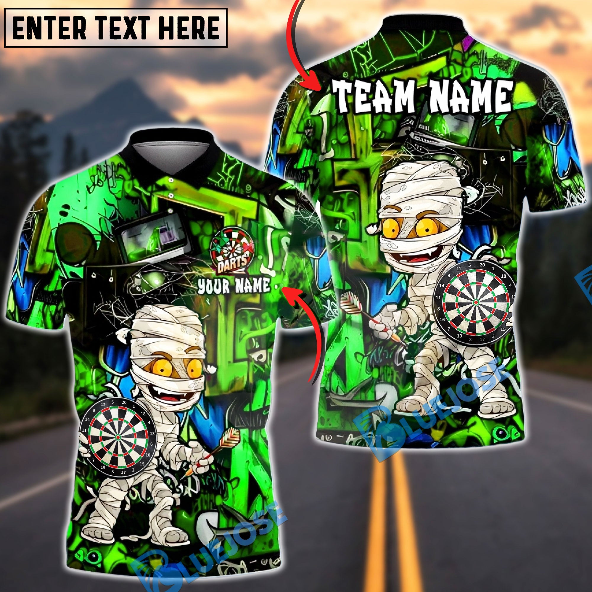 BlueJose Darts Halloween Cartoon Mummy Holding Dartboard Graffiti Style Personalized Name, Team Name Unisex Shirt (4 Colors)
