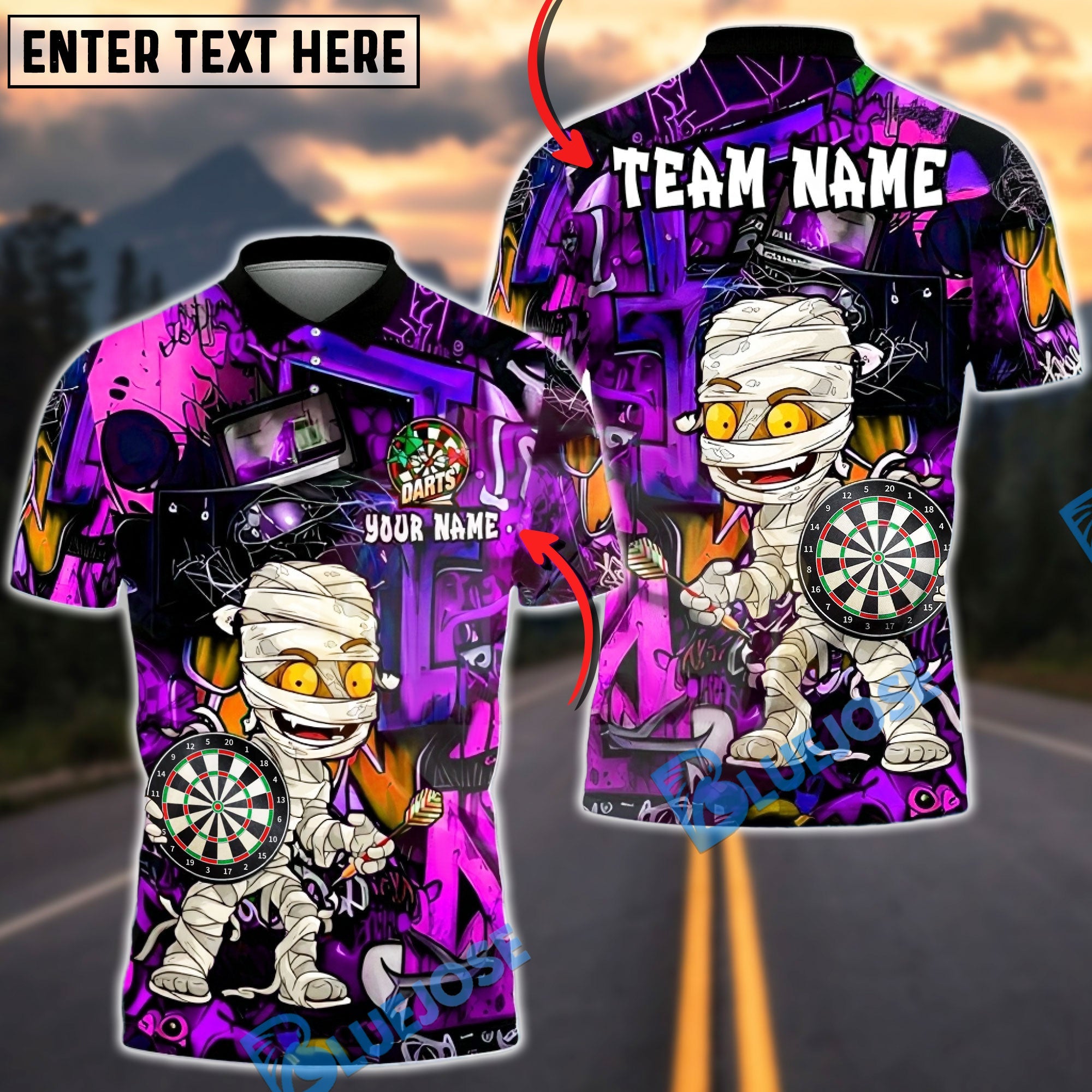 BlueJose Darts Halloween Cartoon Mummy Holding Dartboard Graffiti Style Personalized Name, Team Name Unisex Shirt (4 Colors)