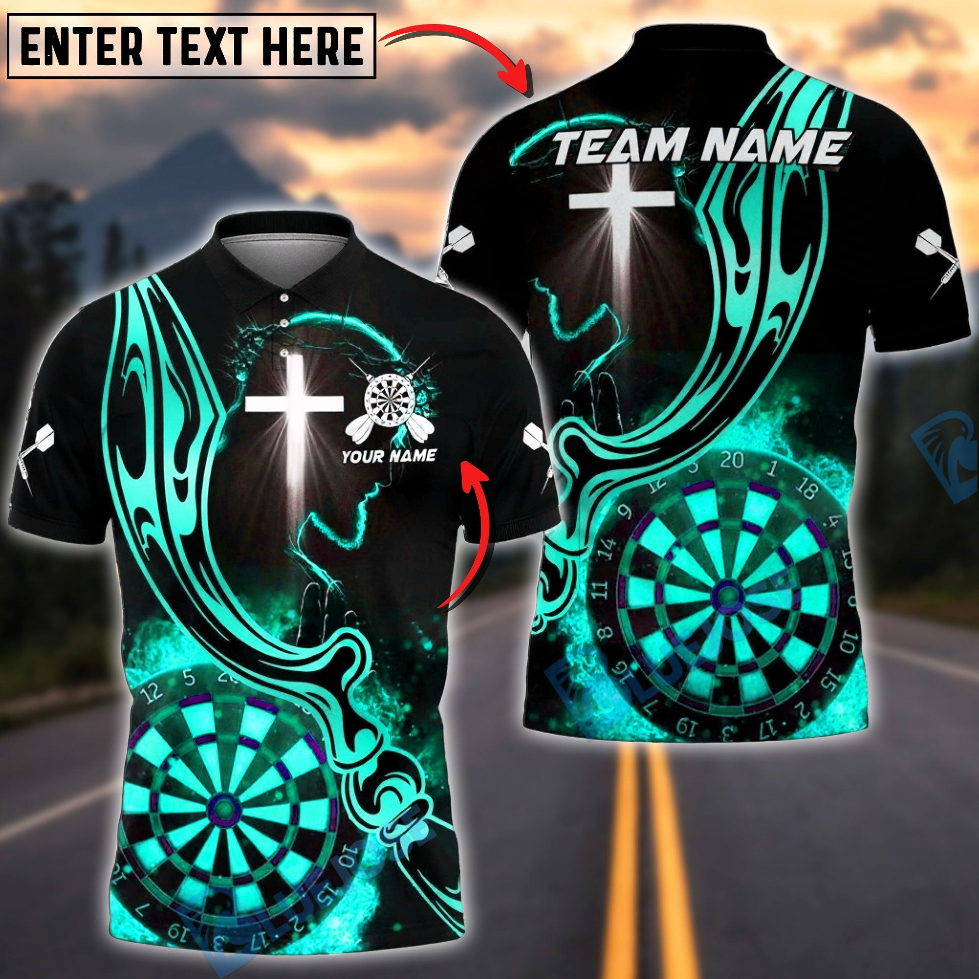 BlueJose Darts Christian Cross Flaming Dartboard Faith Symbol Multicolor Options Personalized Name Shirt (6 Colors)