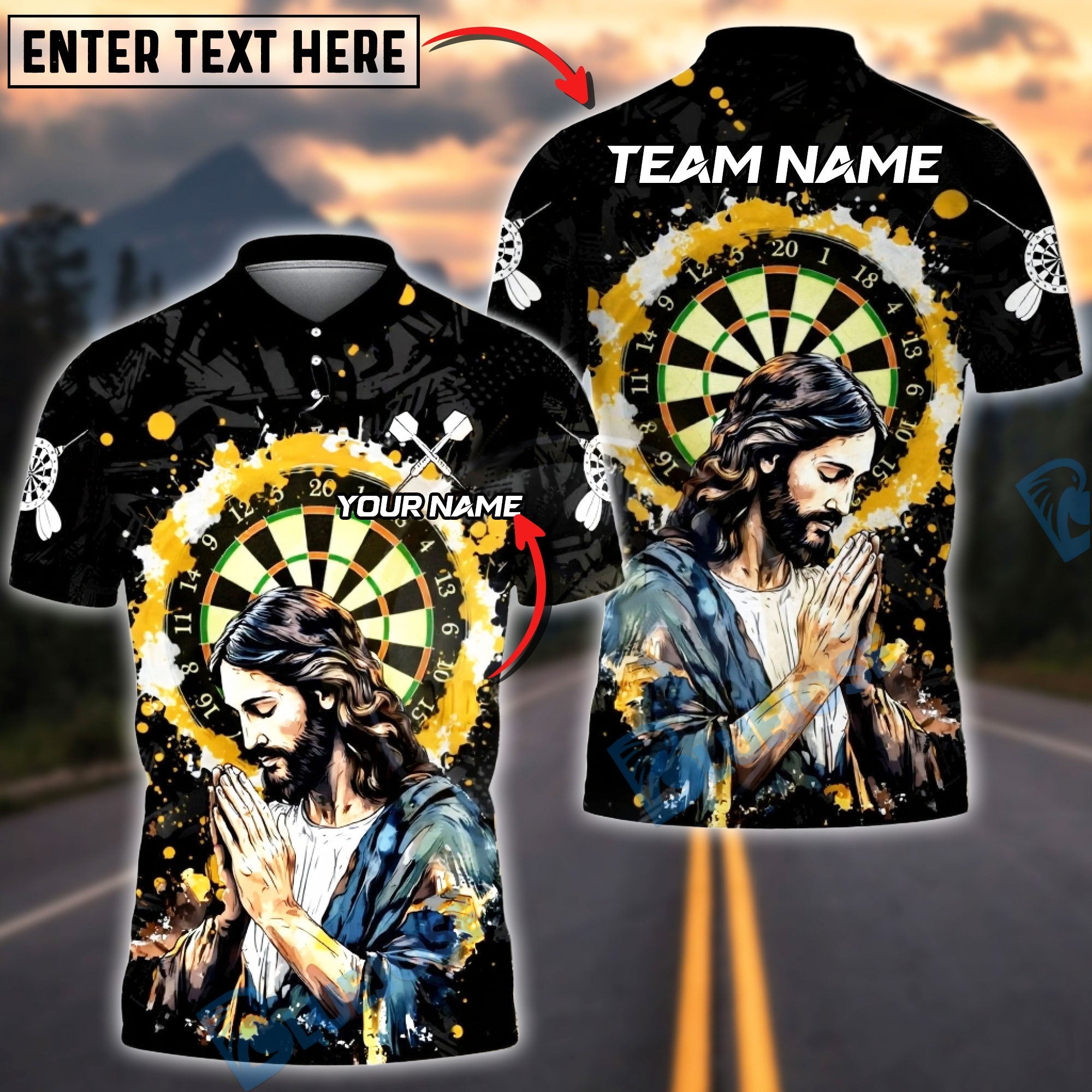 BlueJose Darts Praying Jesus Dartboard Modern Christian Art Personalized Name Shirt
