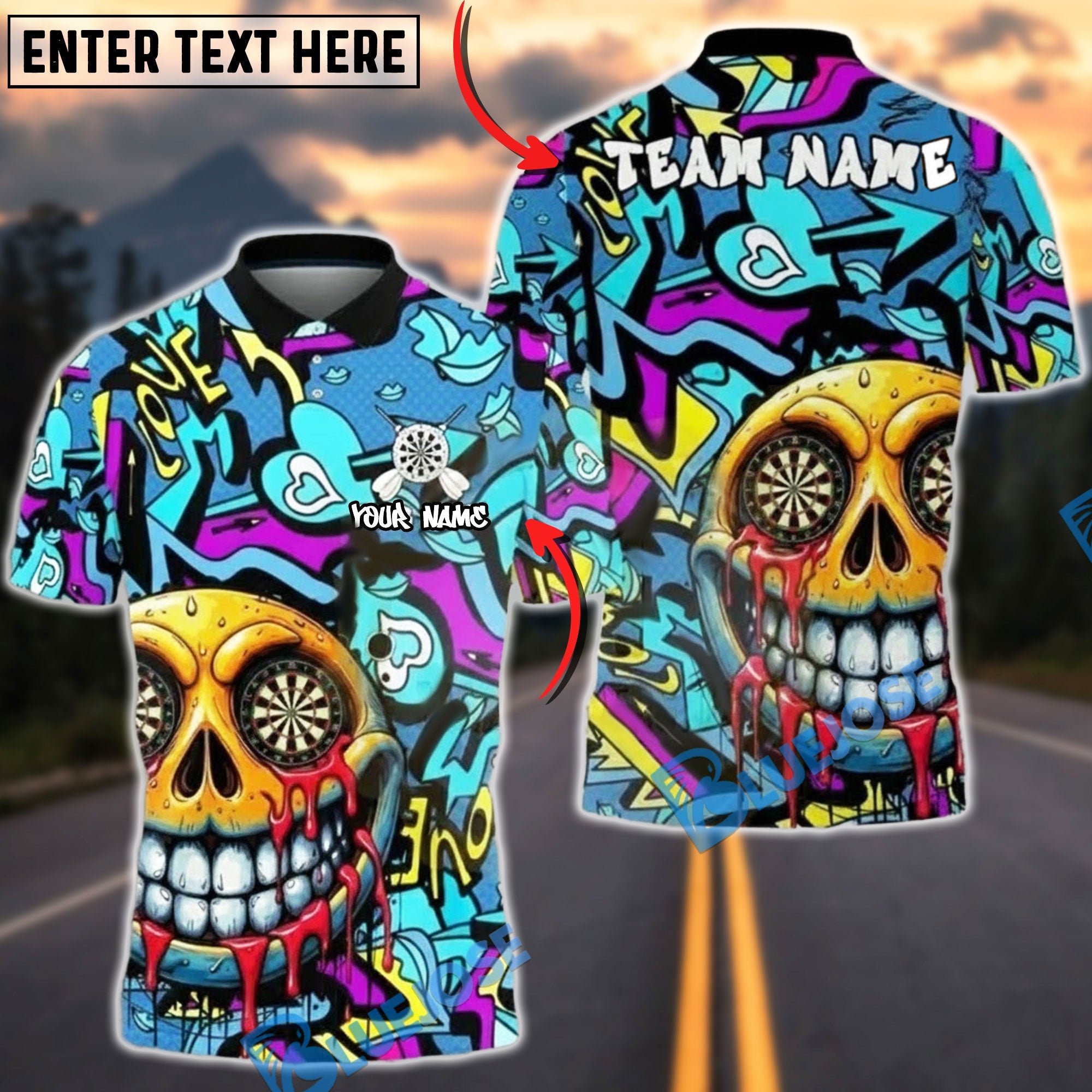 BlueJose Darts Smile Skull Neon Graffiti Dripping Art Multicolor Options Personalized Name Shirt (4 Colors)