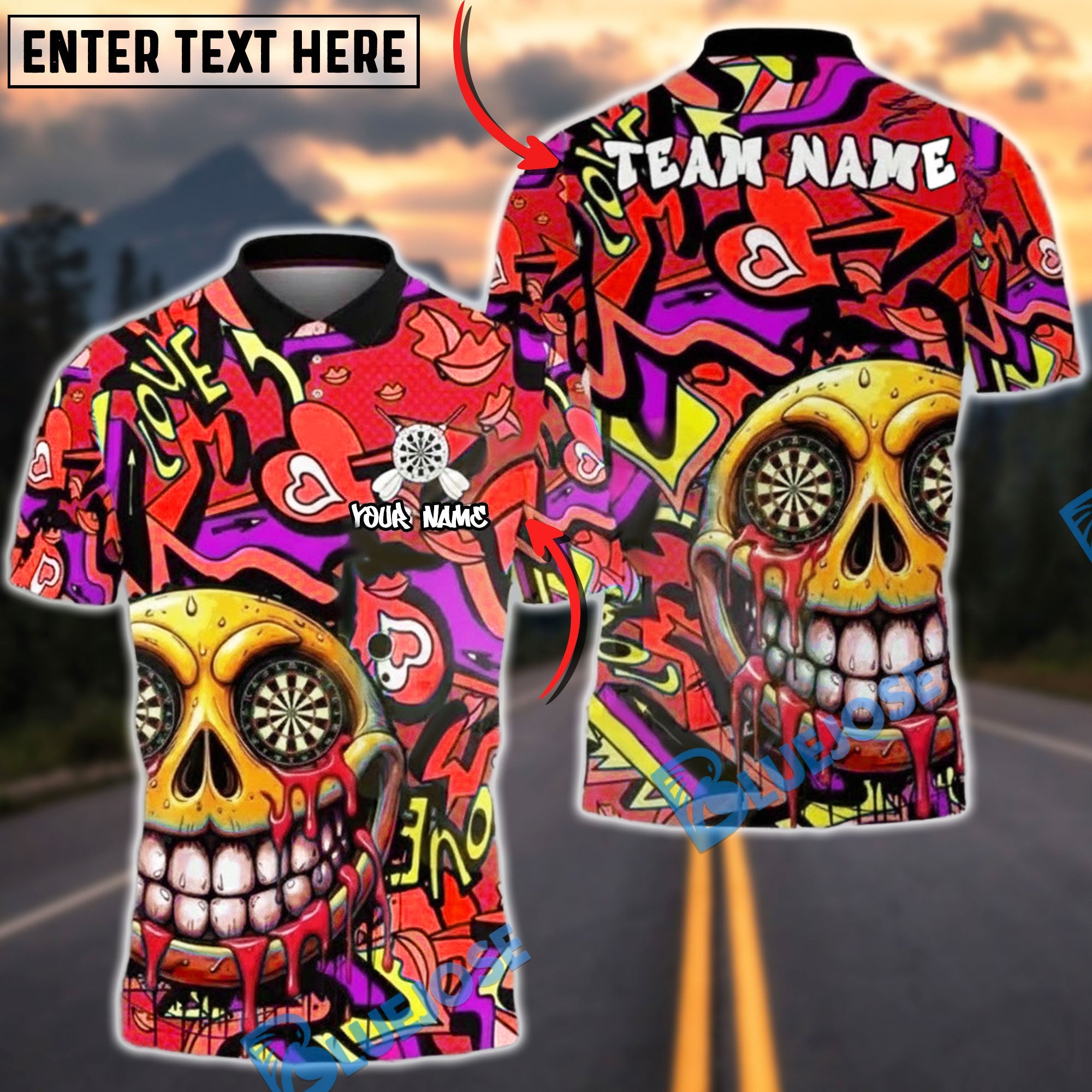 BlueJose Darts Smile Skull Neon Graffiti Dripping Art Multicolor Options Personalized Name Shirt (4 Colors)