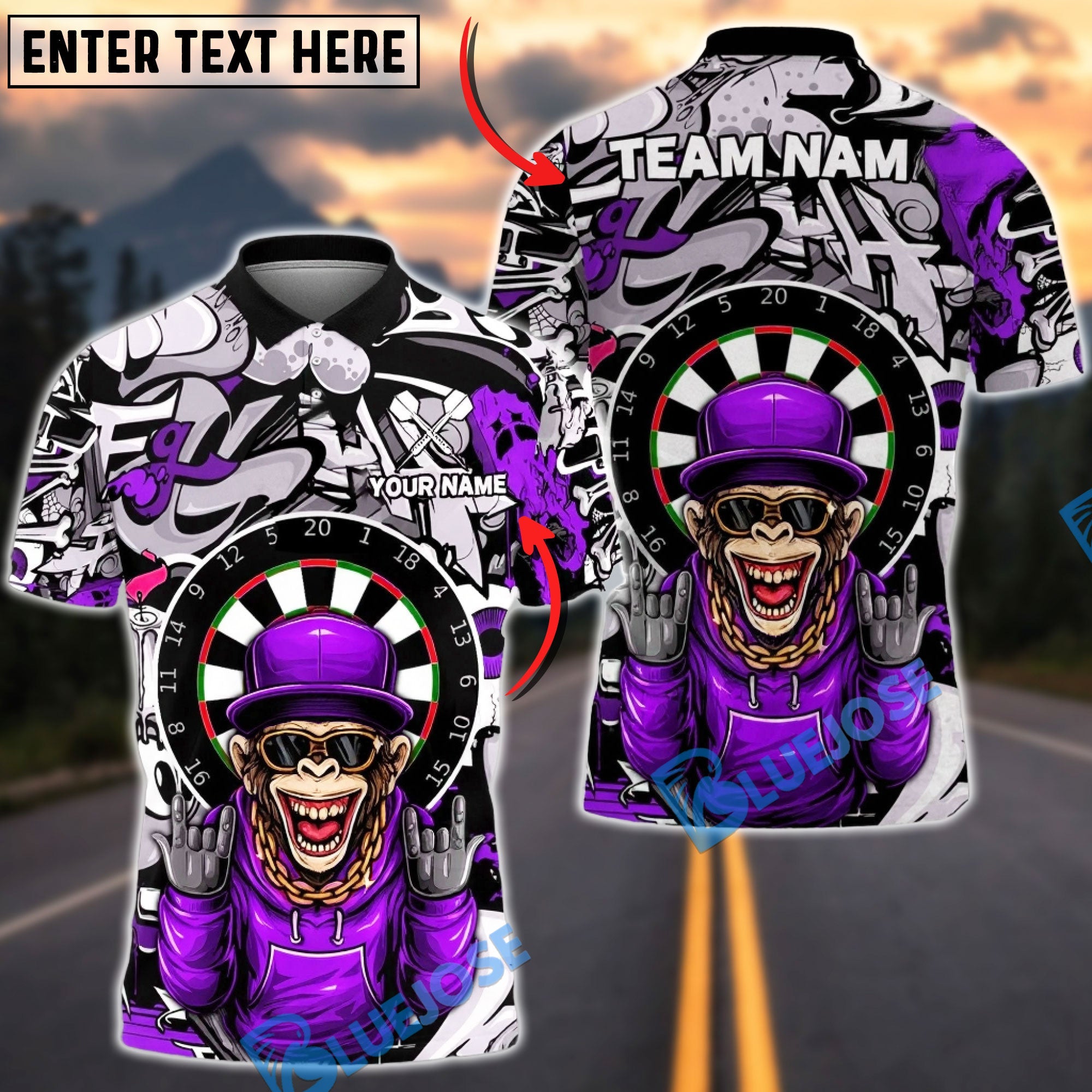 BlueJose Darts Monkey Graffiti Urban Art Multicolor Options Personalized Name Shirt (4 Colors)