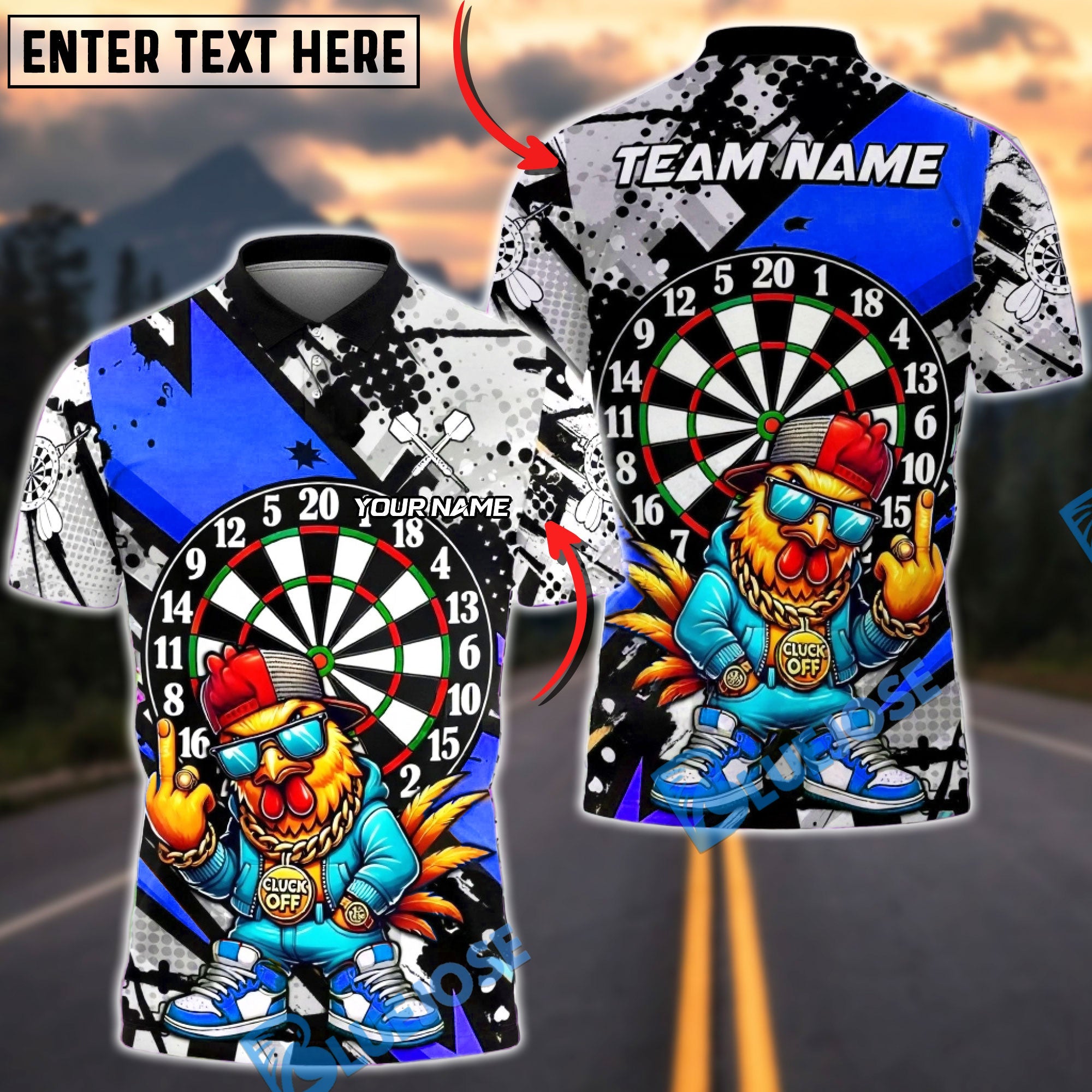 BlueJose Darts Dartboard Hip Hop Chicken Street Art Multicolor Options Personalized Name Shirt (6 Colors)