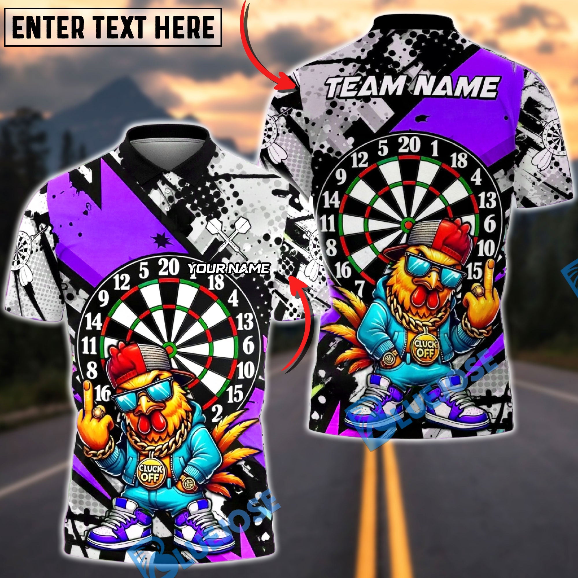 BlueJose Darts Dartboard Hip Hop Chicken Street Art Multicolor Options Personalized Name Shirt (6 Colors)