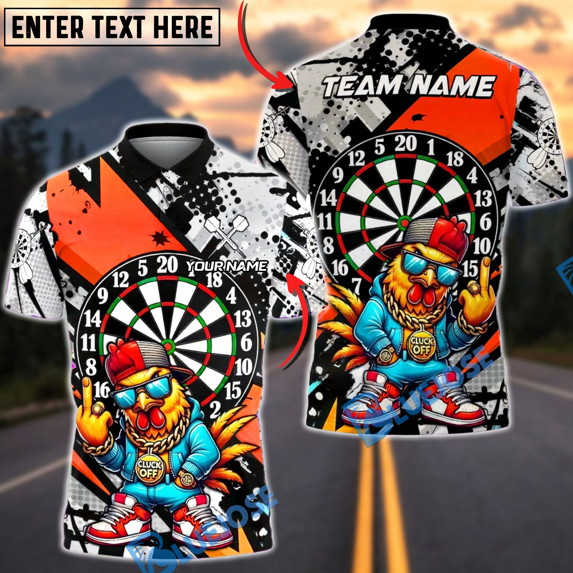 BlueJose Darts Dartboard Hip Hop Chicken Street Art Multicolor Options Personalized Name Shirt (6 Colors)