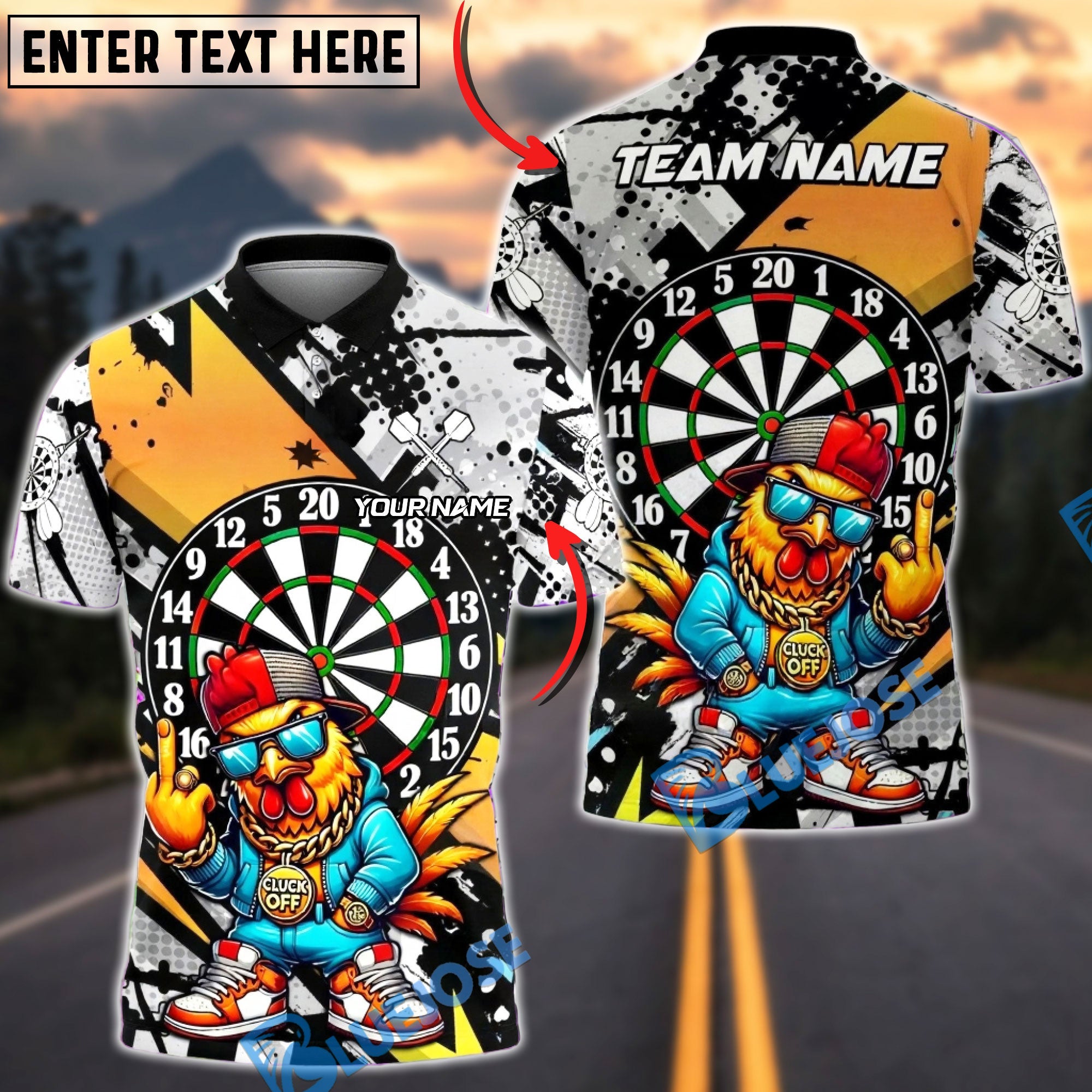 BlueJose Darts Dartboard Hip Hop Chicken Street Art Multicolor Options Personalized Name Shirt (6 Colors)