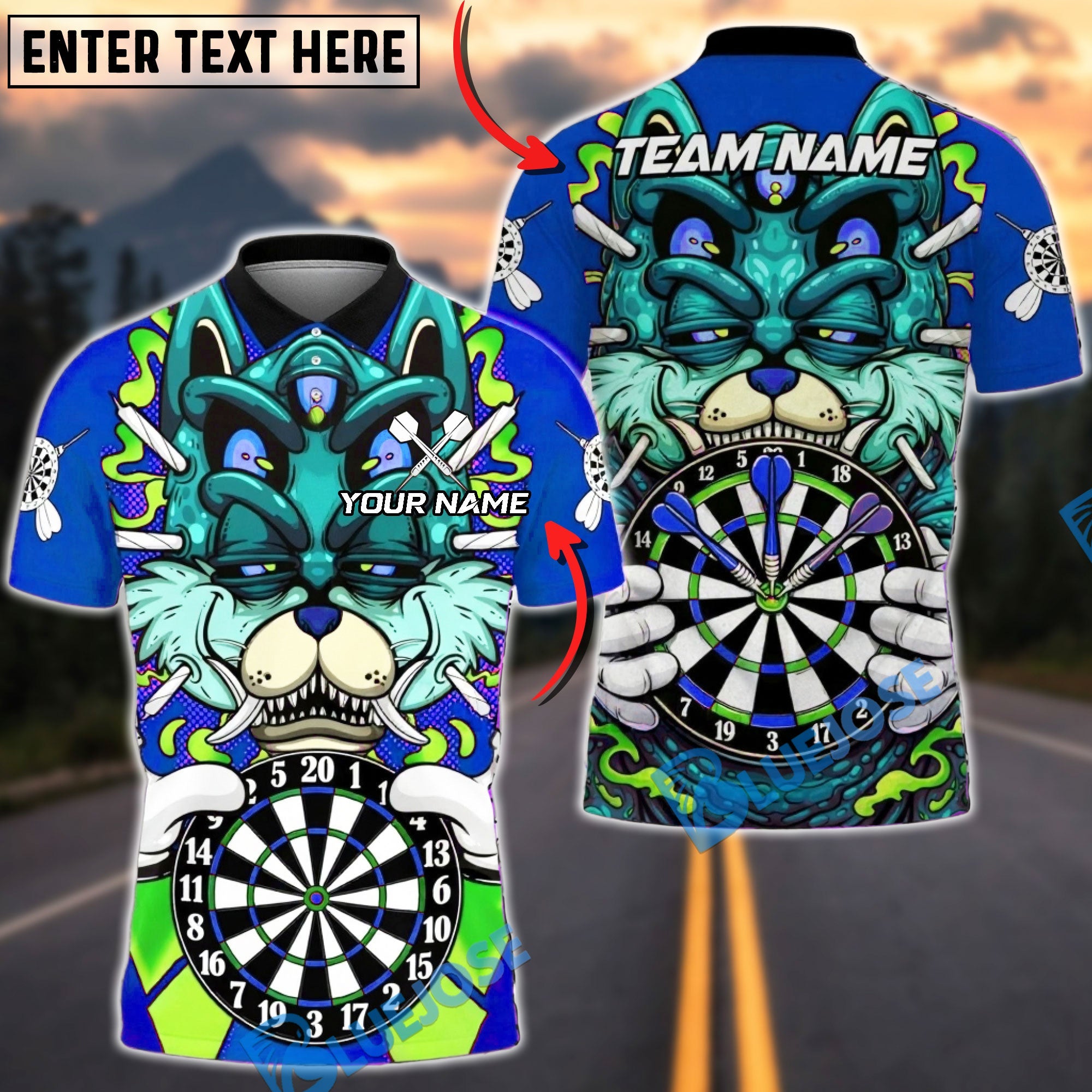 BlueJose Darts Monster Cat Board Graphic Multicolor Options Personalized Name Shirt (4 Colors)